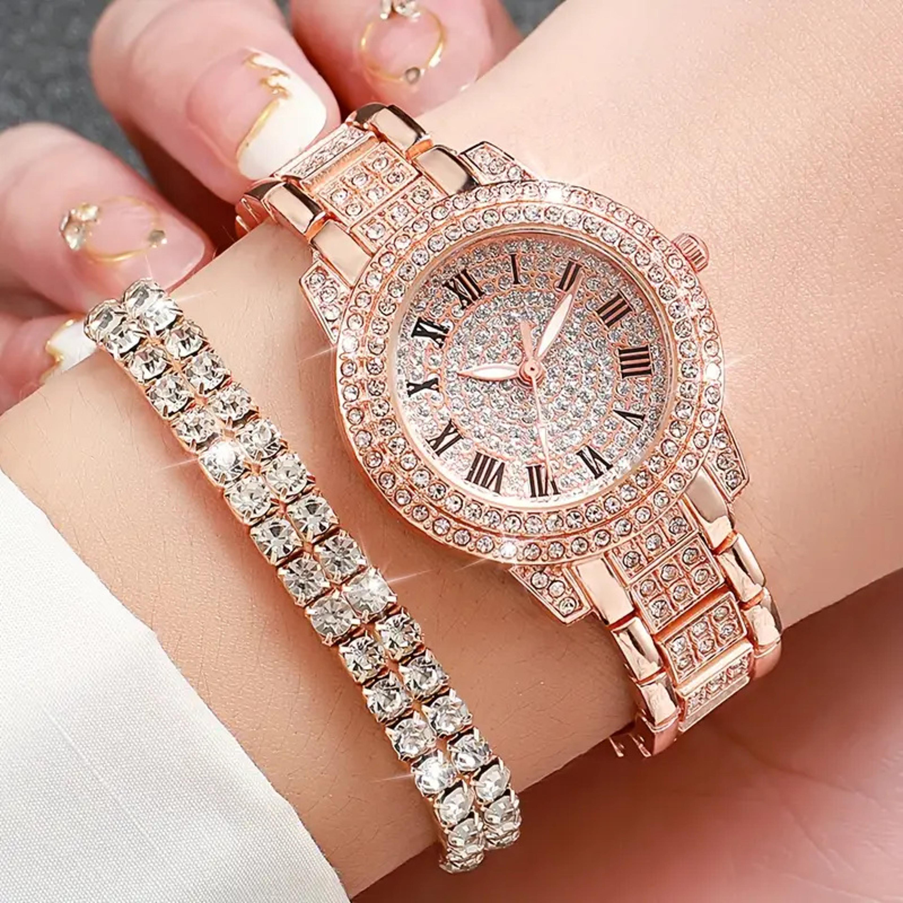 Roman Quartz Watch With Double Row Diamond Bracelet Gift Set Luxury Fashion Alloy Full Diamond 0