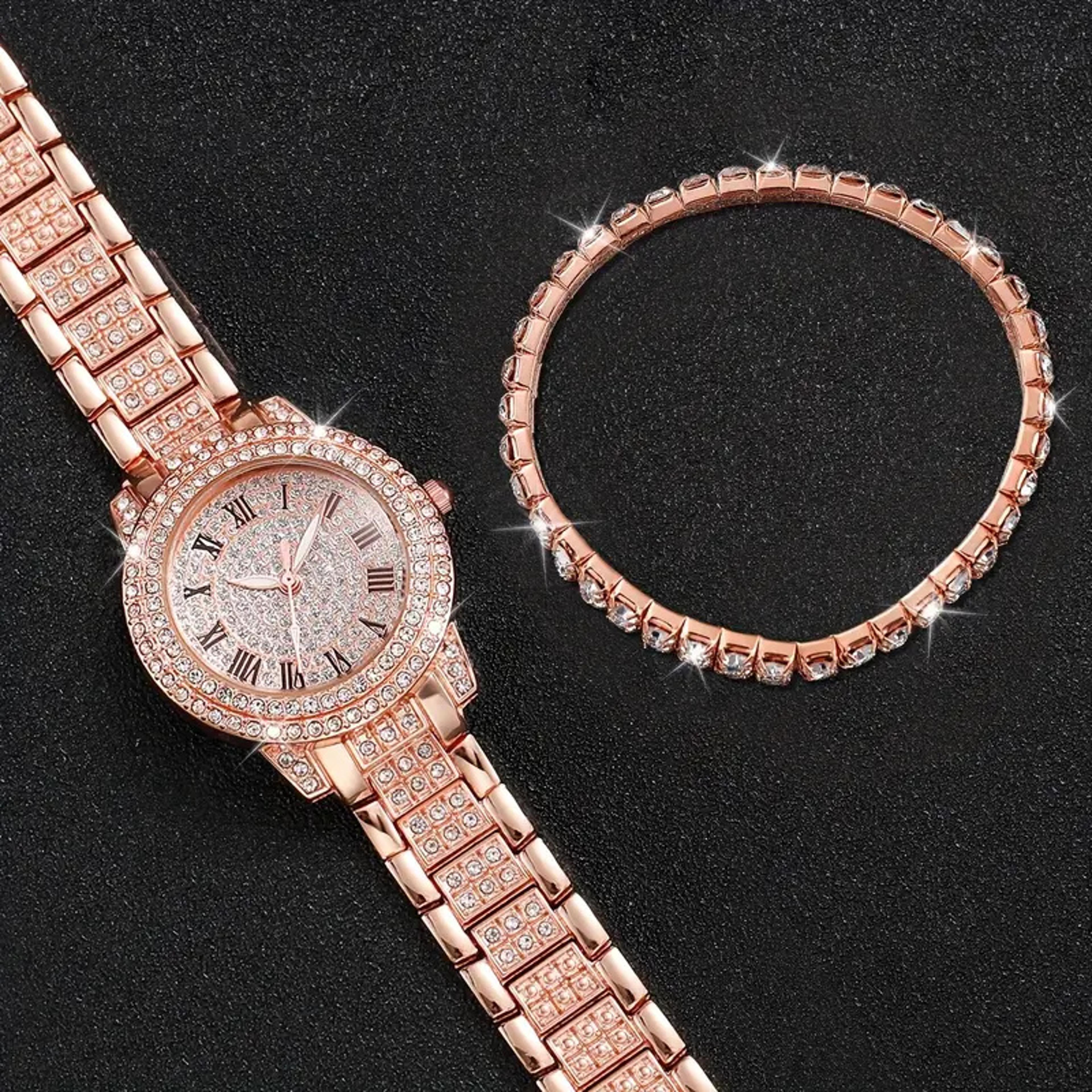 Roman Quartz Watch With Double Row Diamond Bracelet Gift Set Luxury Fashion Alloy Full Diamond 1