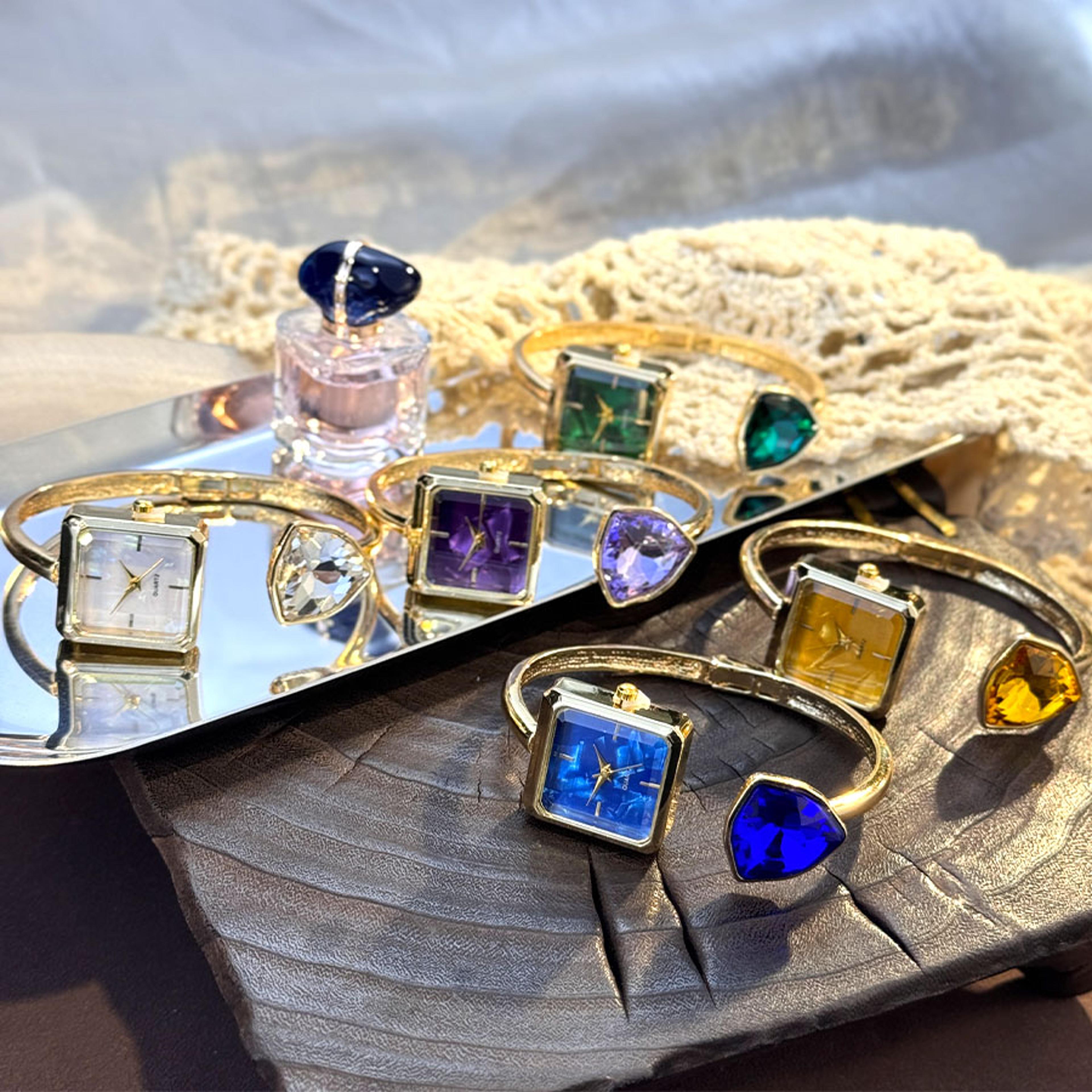 HighEnd Quartz Wristwatch New Ladies Open Bracelet Watch Assorted Shaped Diamond Color Gemstone Tim 1
