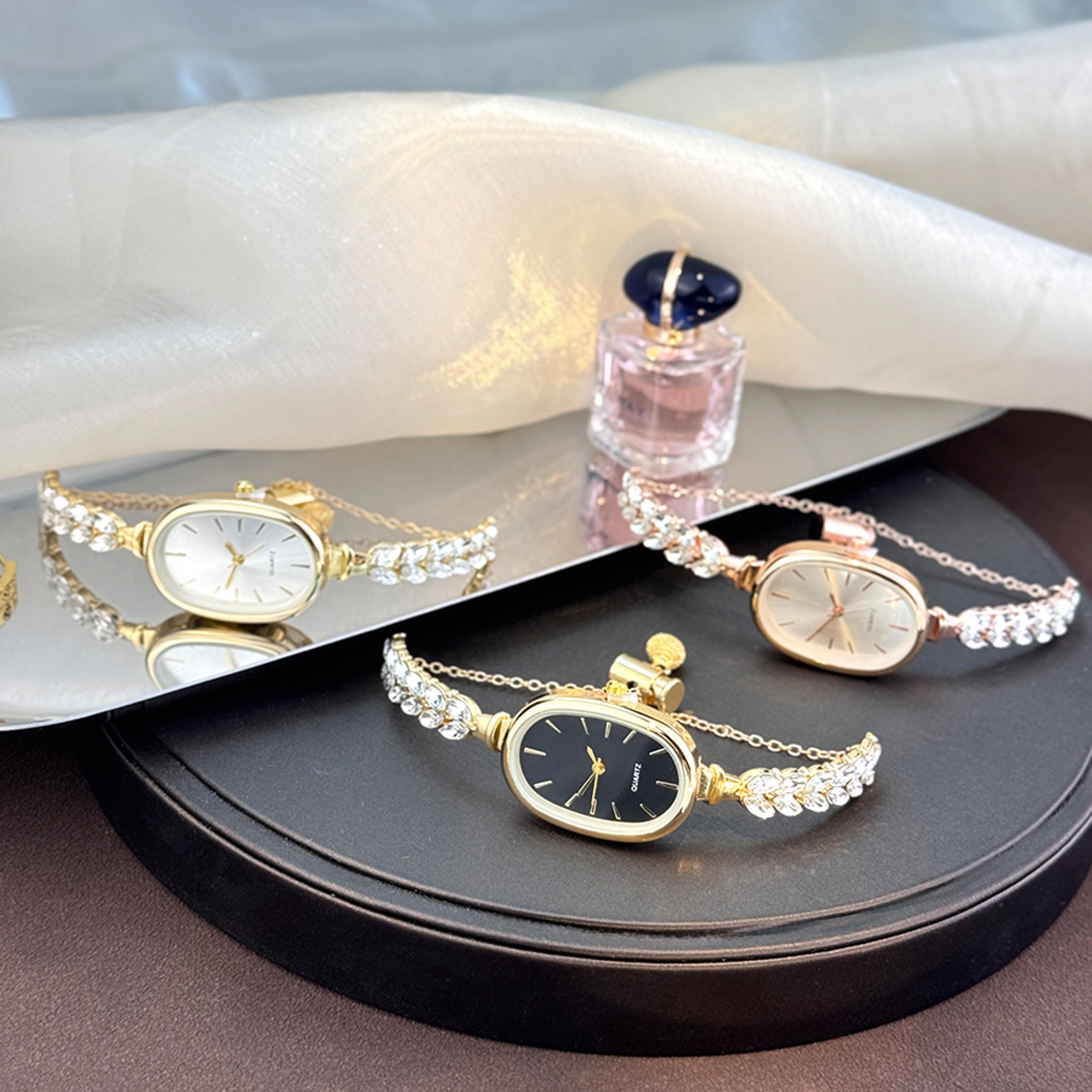 Bestselling Elegant Leaf Embedded Diamond Quartz Watch New Oval Pull Cord Fashion Bracelet 0
