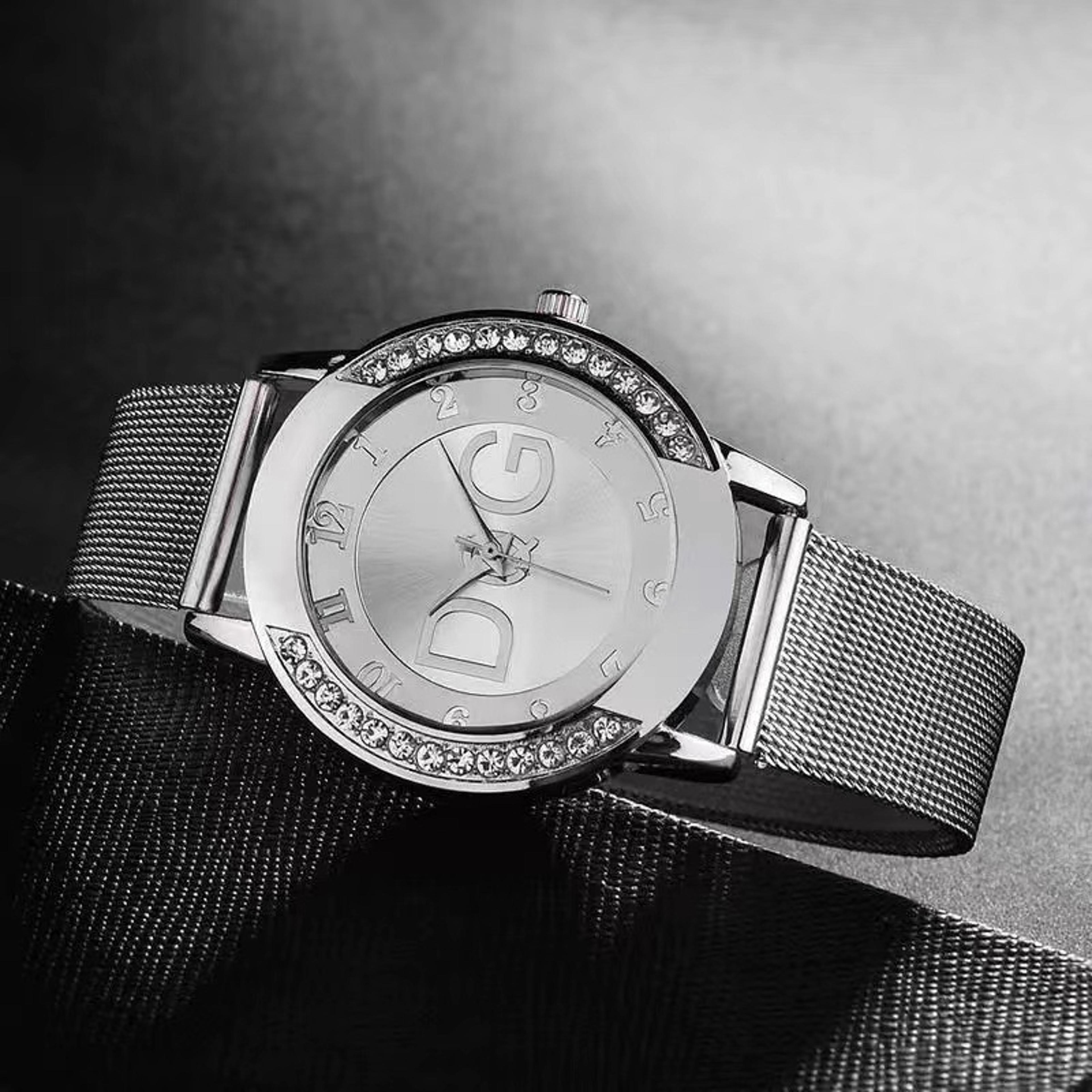 Stunning Ladies Watch With Double Diamond Ring Sand Diamond Surface Steel Mesh Strap 2