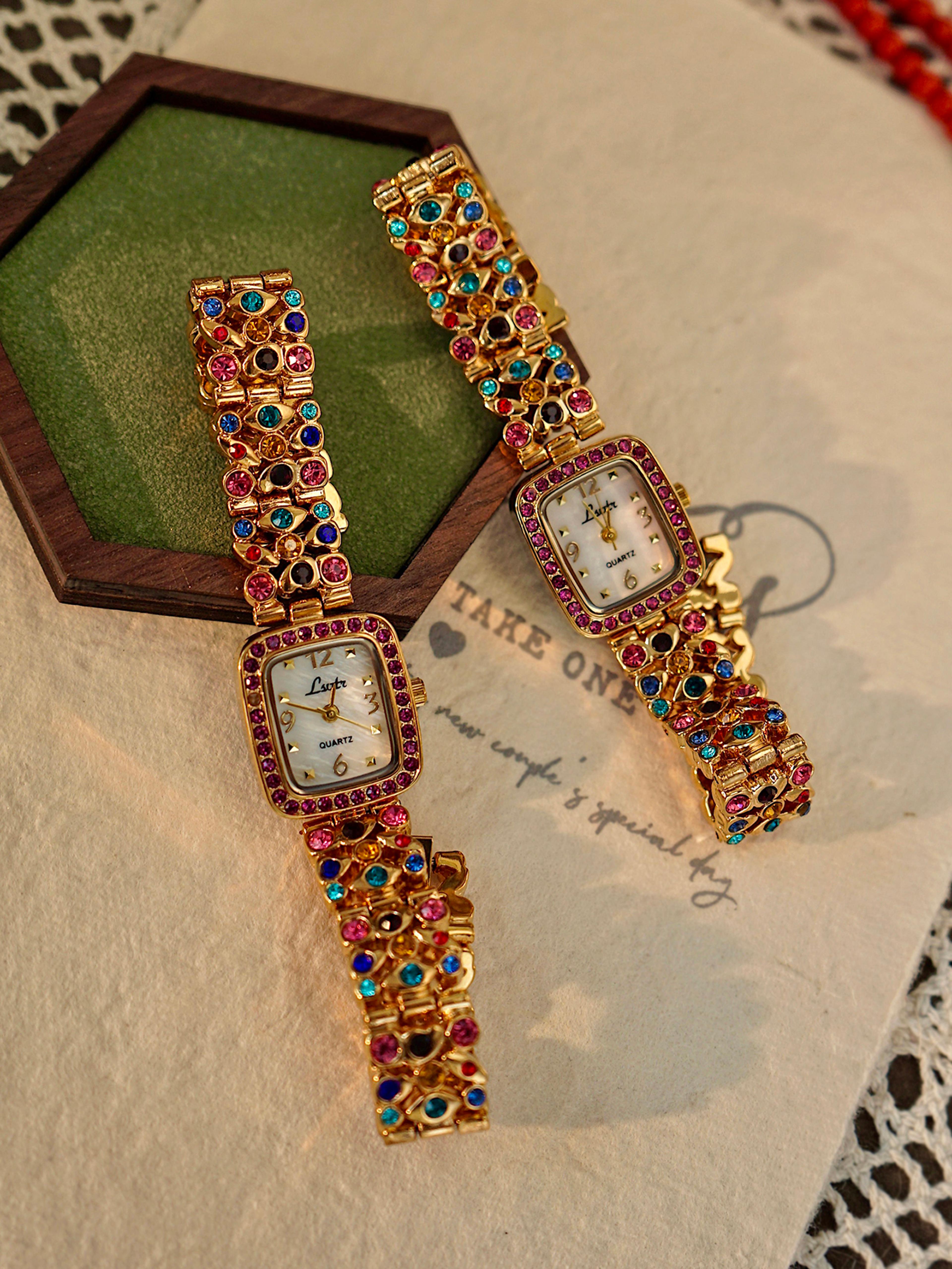 Waterproof Womens Square Quartz Watch With Colorful Rhinestone Gemstone Inlaid Strap And MotherOfPe 1