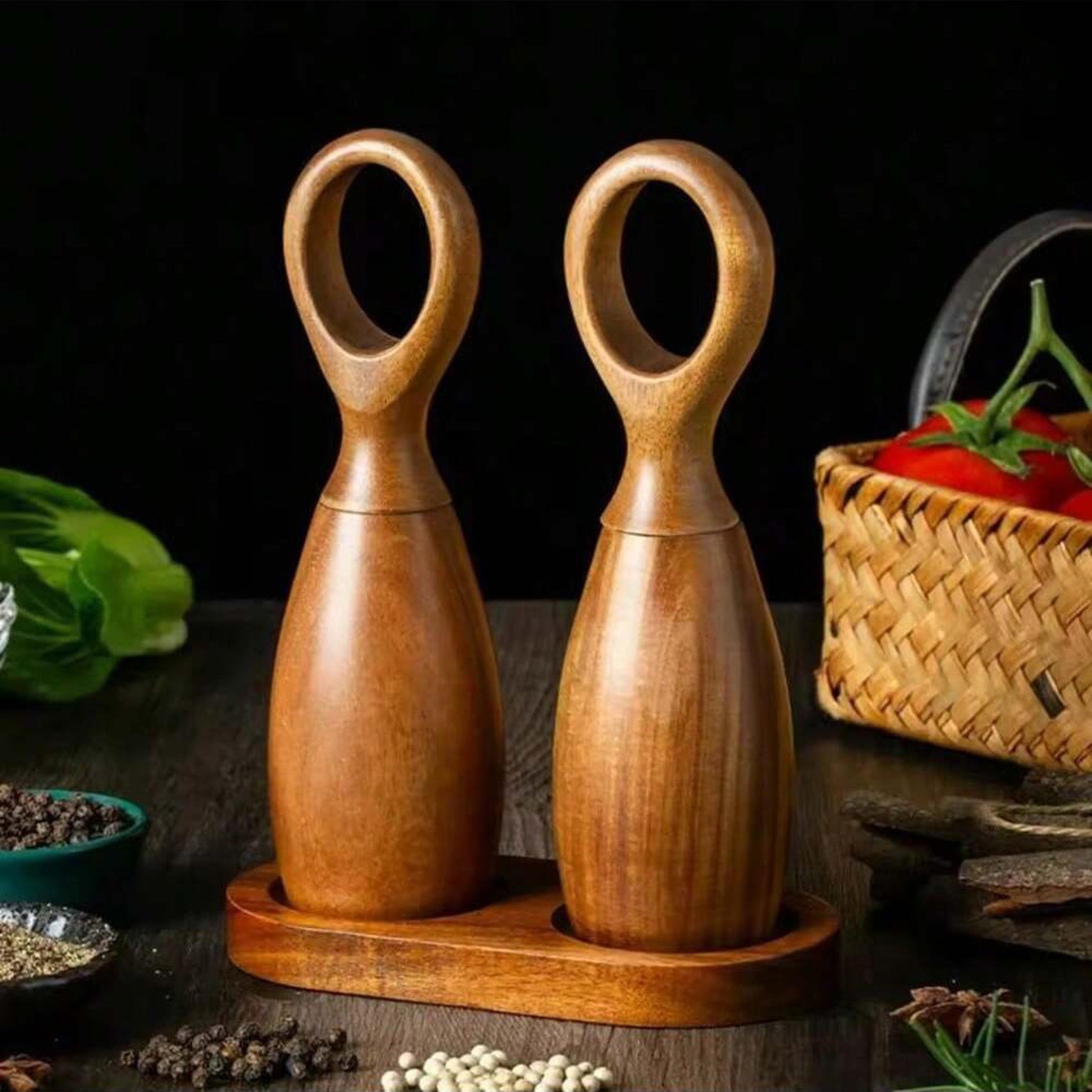 Adjustable Wooden Salt And Pepper Grinder Set With Ceramic Core And Storage Rack For Spices 0