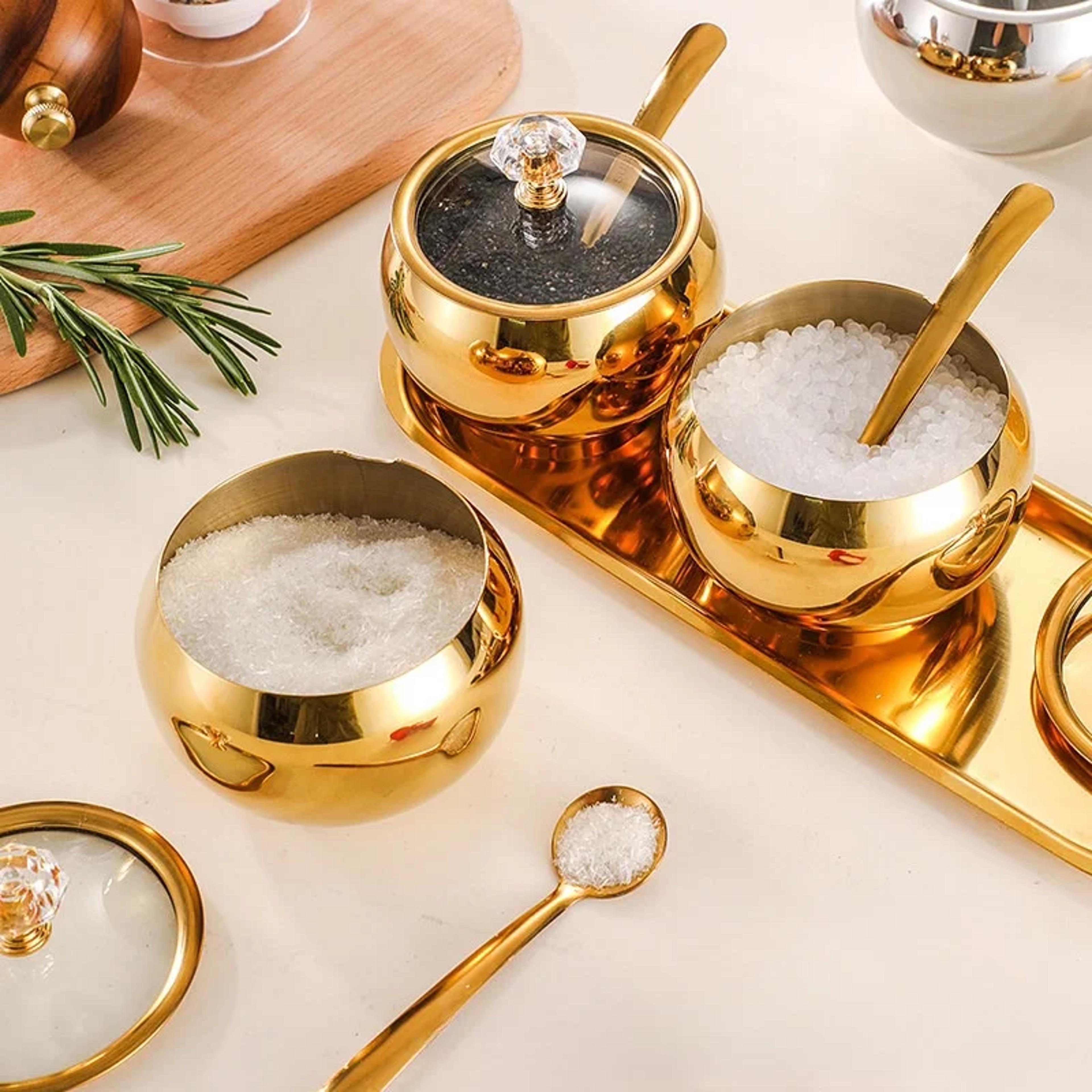 Stainless Steel Sugar Bowl With Lid  Spoon Gold And Silver Household Kitchen Condiment Pots Spice S 0