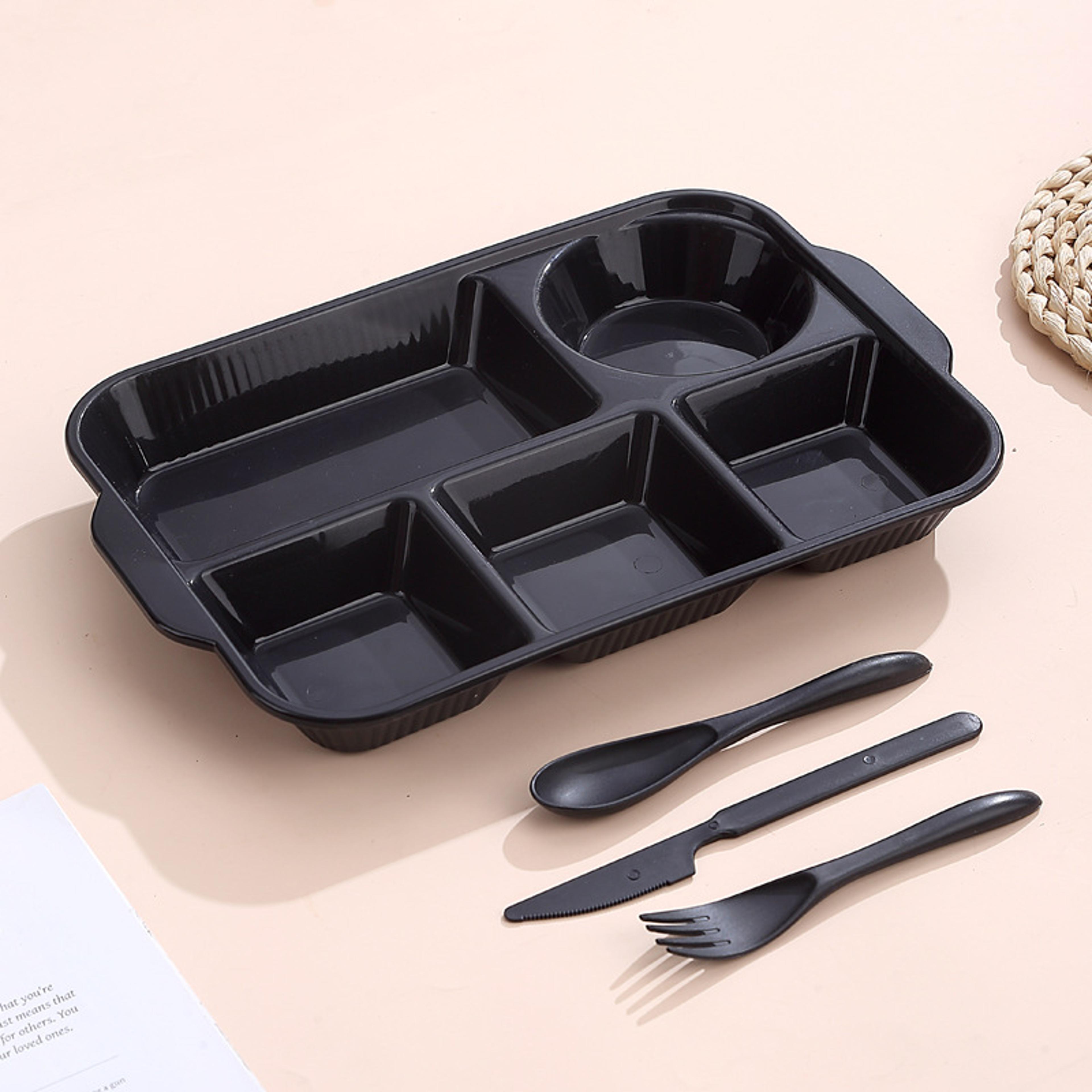 Food Grade Portable 5 Grids Lunchbox With Divided Plates Knife Fork Spoon Dinnerware Set 4