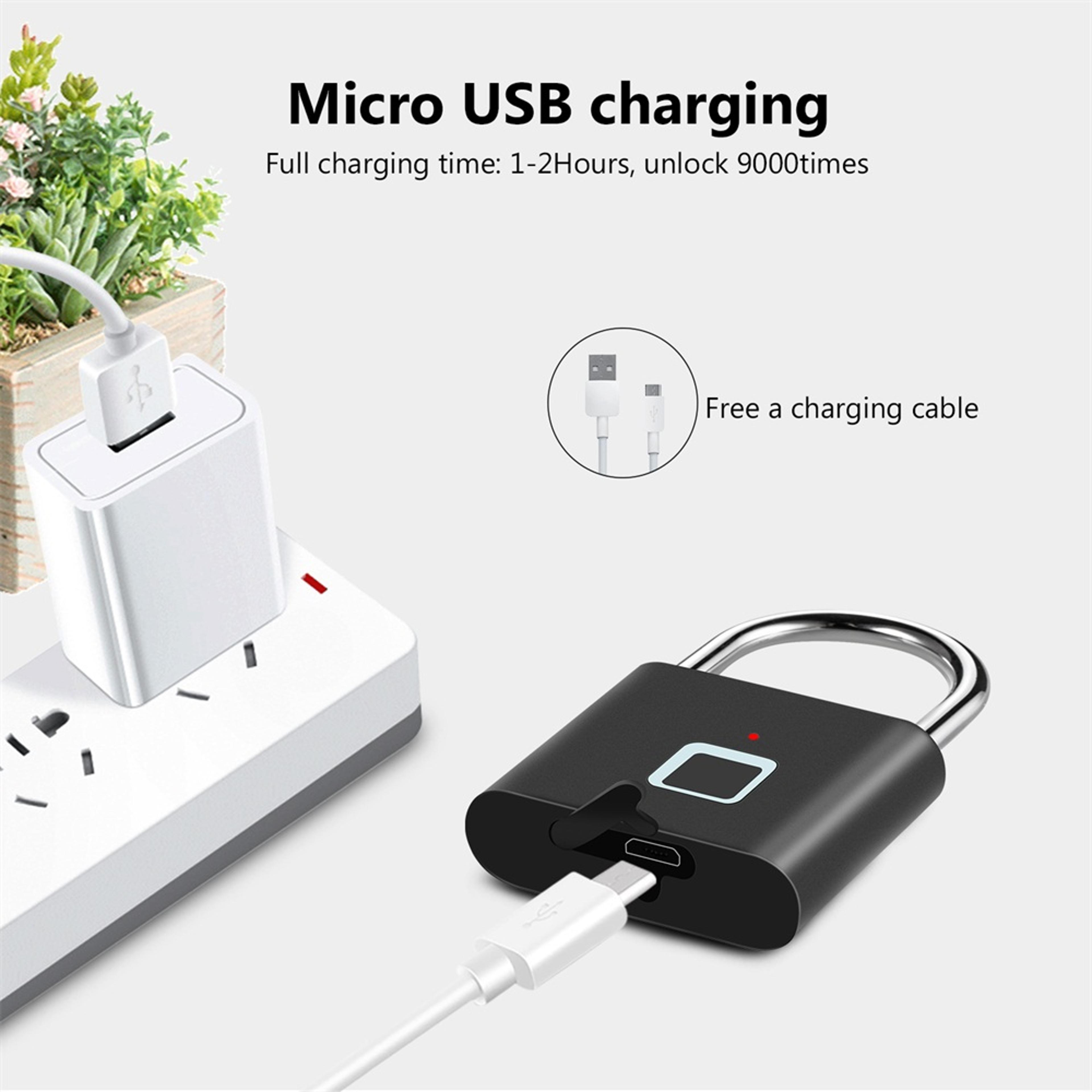Smart Padlock Waterproof Fingerprint Lock Portable USB Charging Antitheft Zinc 2