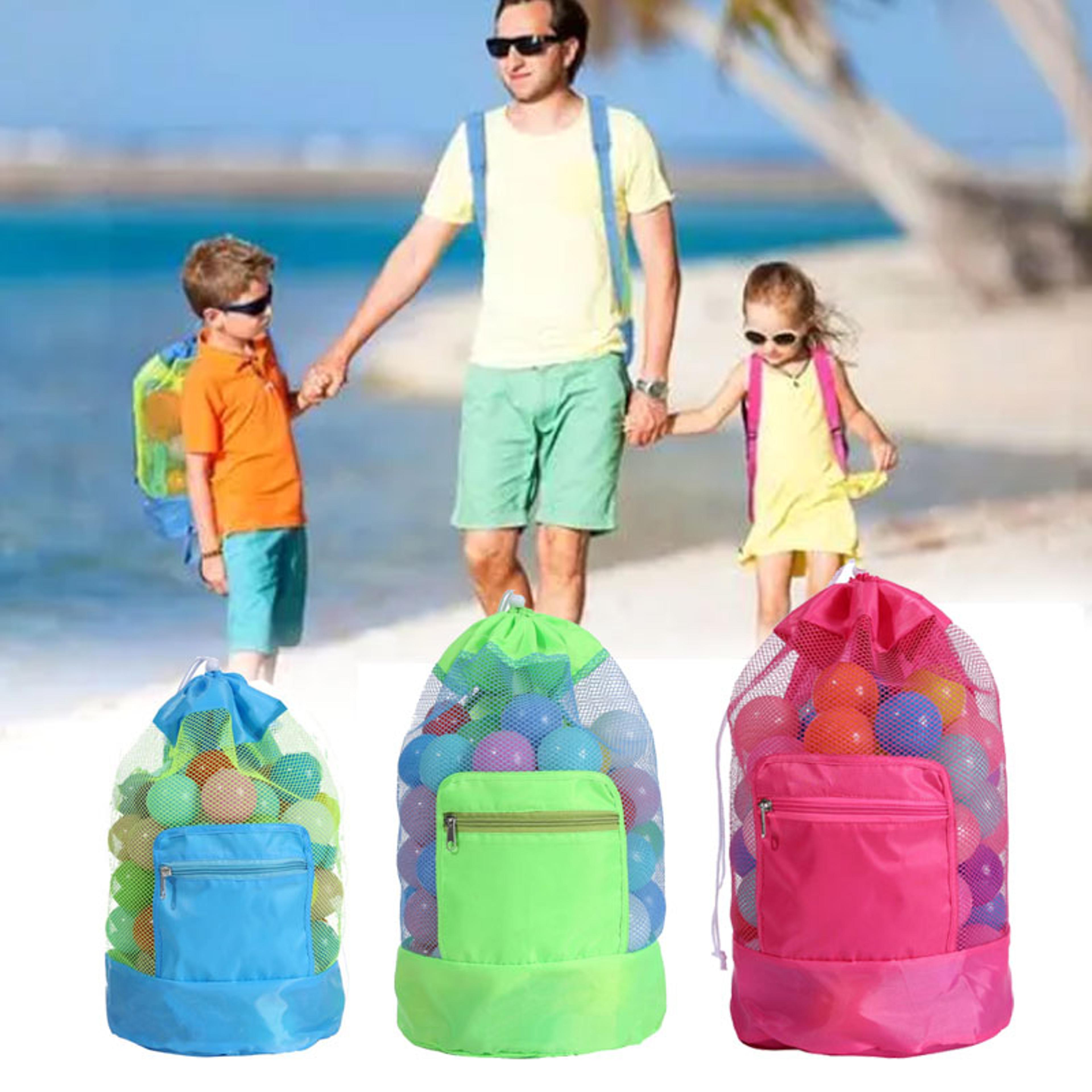 foldable beach toy bag, beach storage pouch, travel toy organizer mesh tote