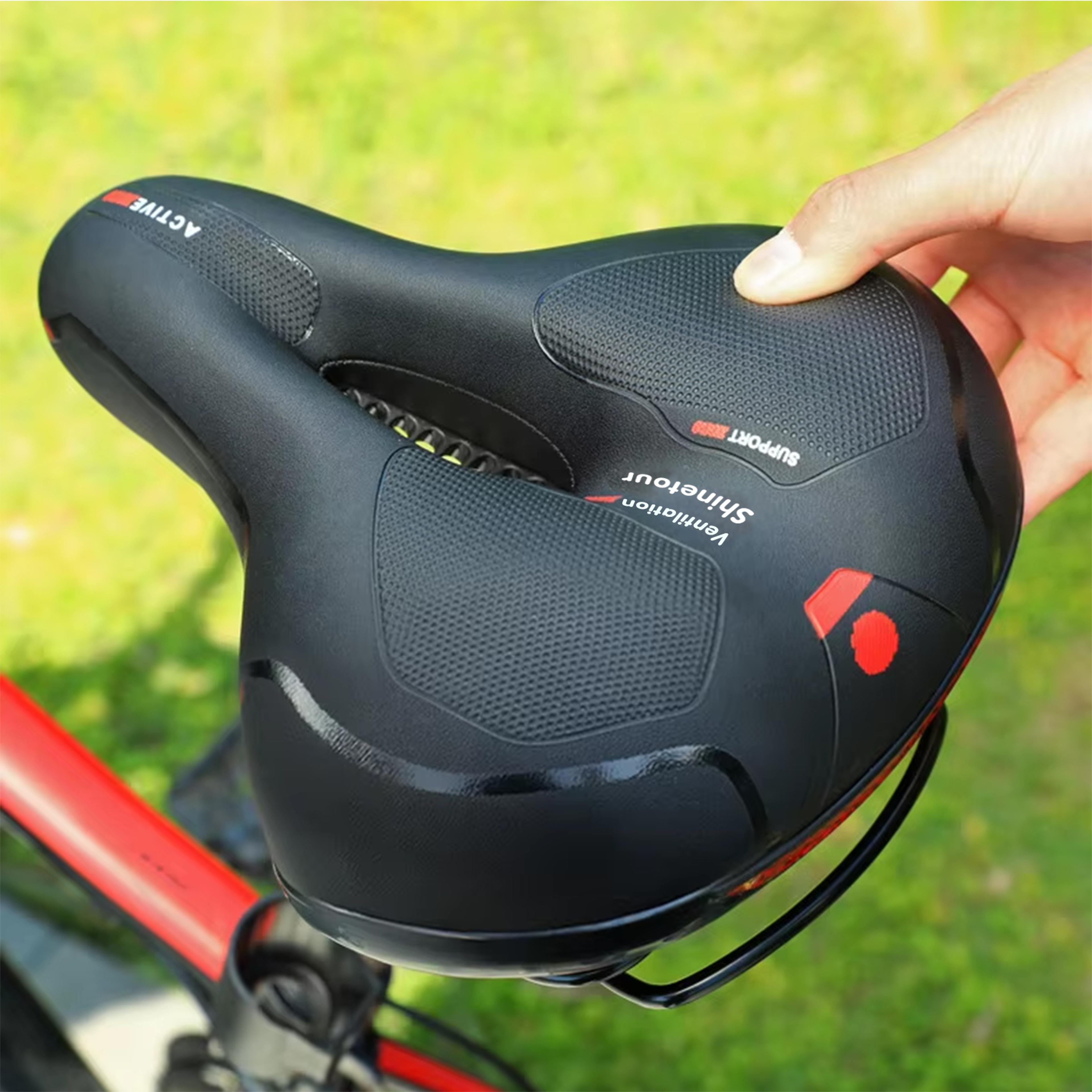 comfortable shock-absorbing big butt bike saddle, hollow breathable design with safety warning for mtb road bikes