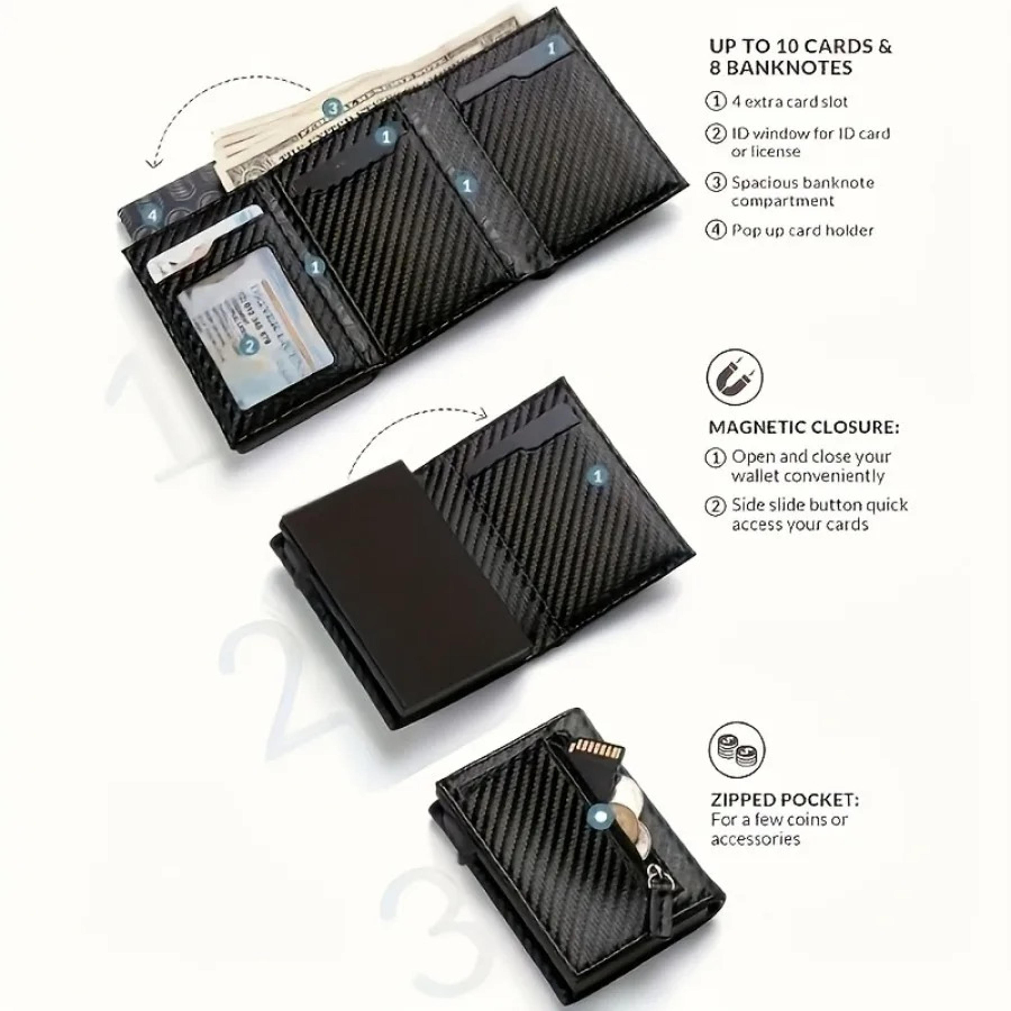 Automatic Popup Metal Credit Card Holder Mens Wallet With Zipper Coin Purse Minimalist RFID Blockin 4