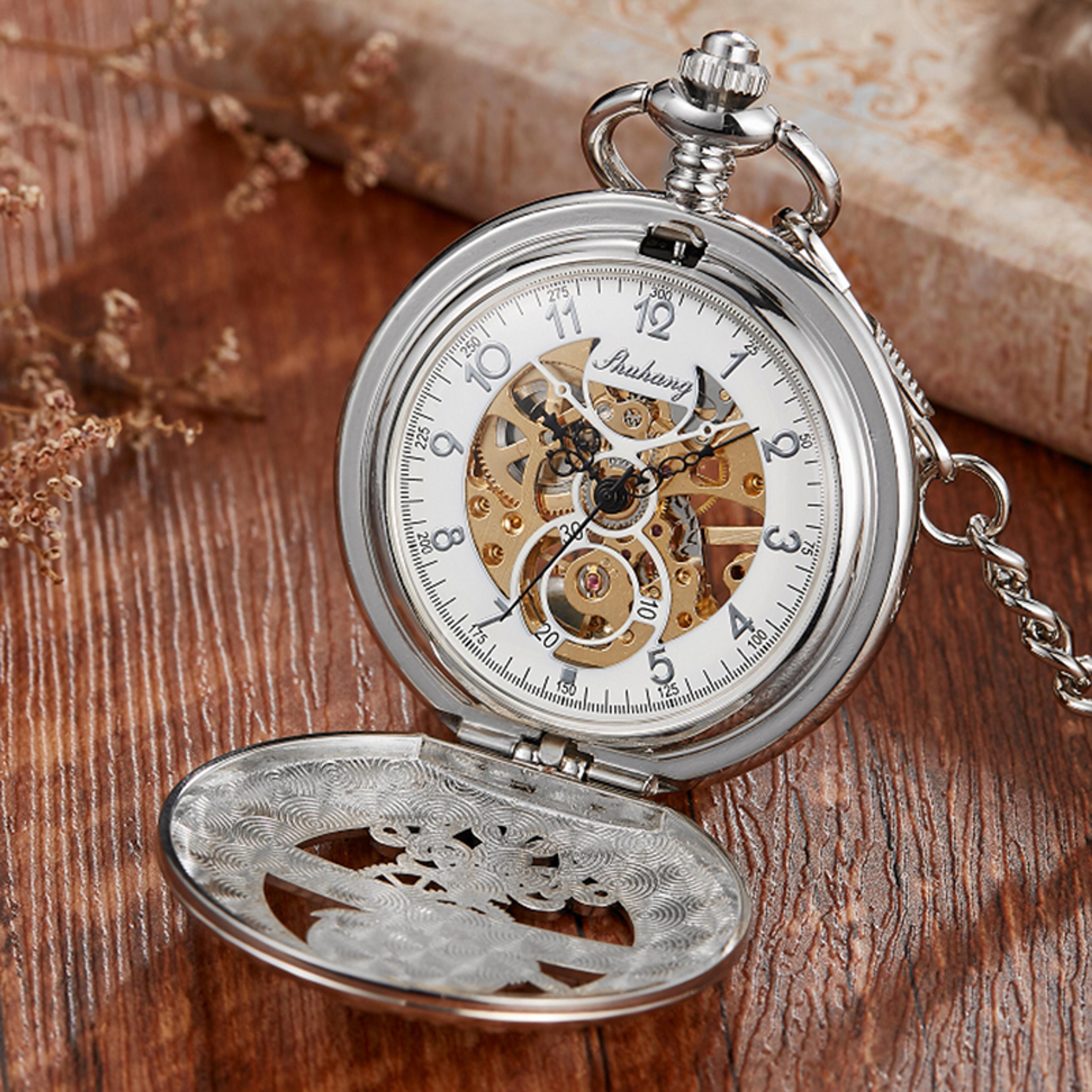 Carved Stars  Moon Phases SemiAutomatic Mechanical Pocket Watch Hollowed Dial For Students 3