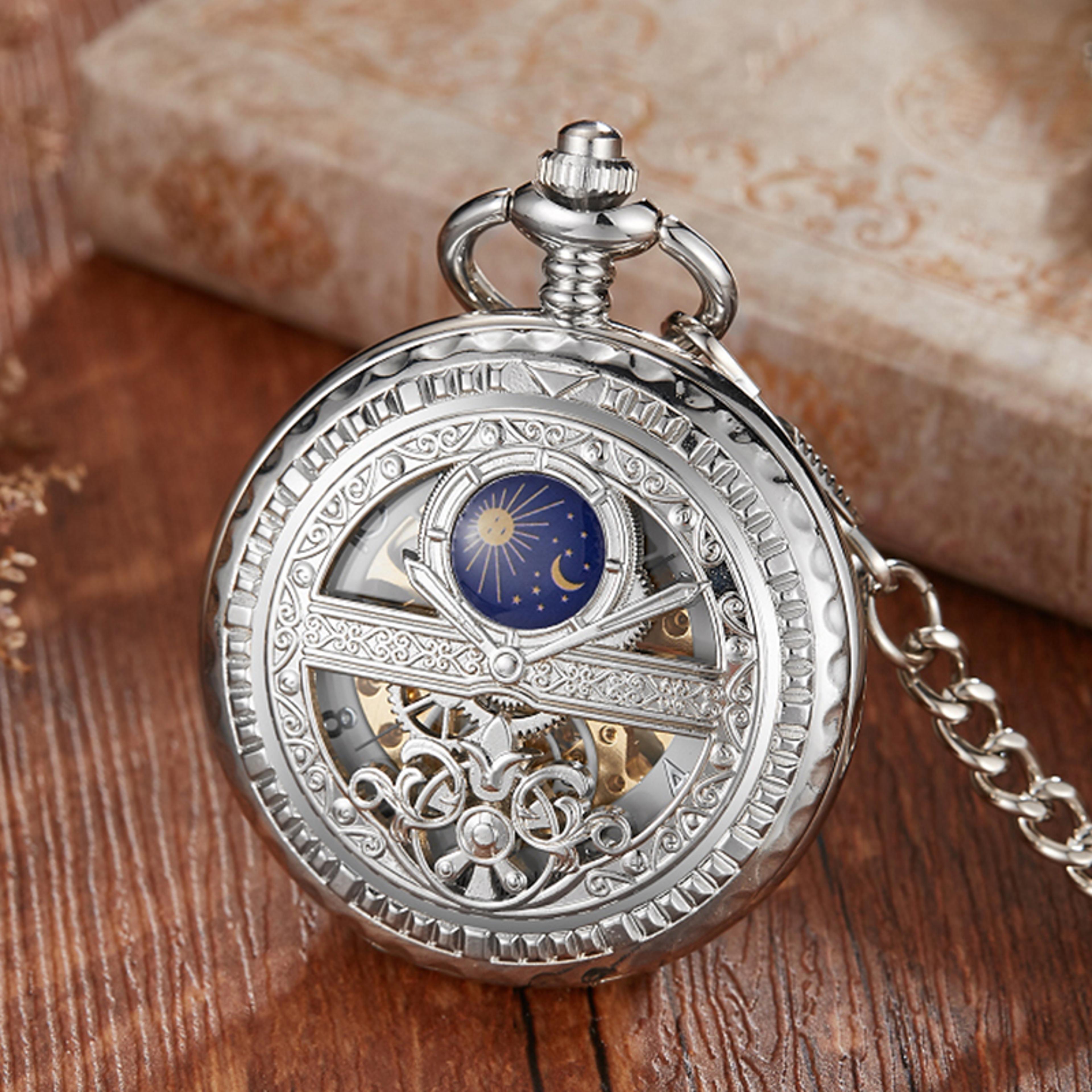 Carved Stars  Moon Phases SemiAutomatic Mechanical Pocket Watch Hollowed Dial For Students 4