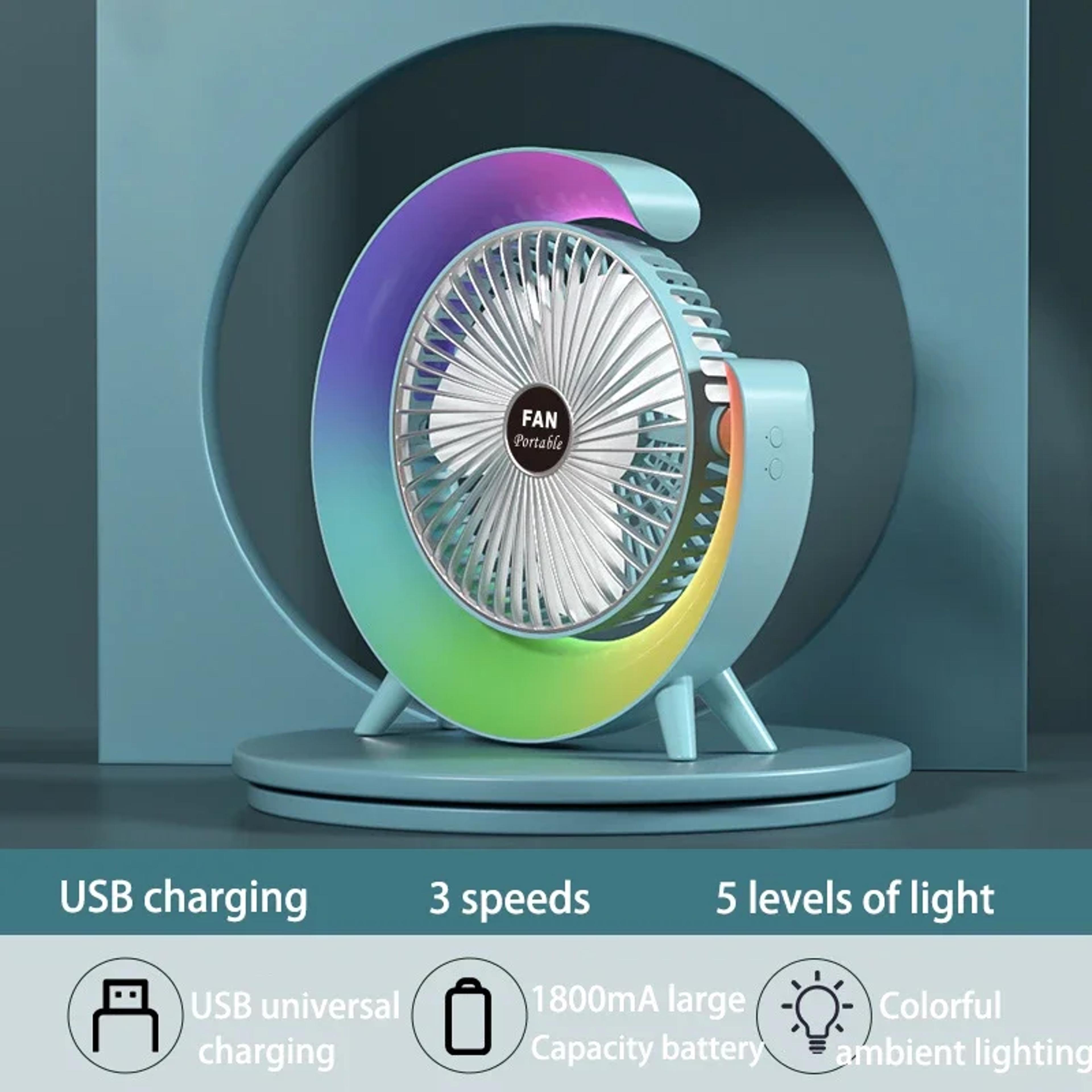 USB Powered Portable Desk Fan With Colorful Light 180 Degree Rotatable Table Fan For Home Office An 7