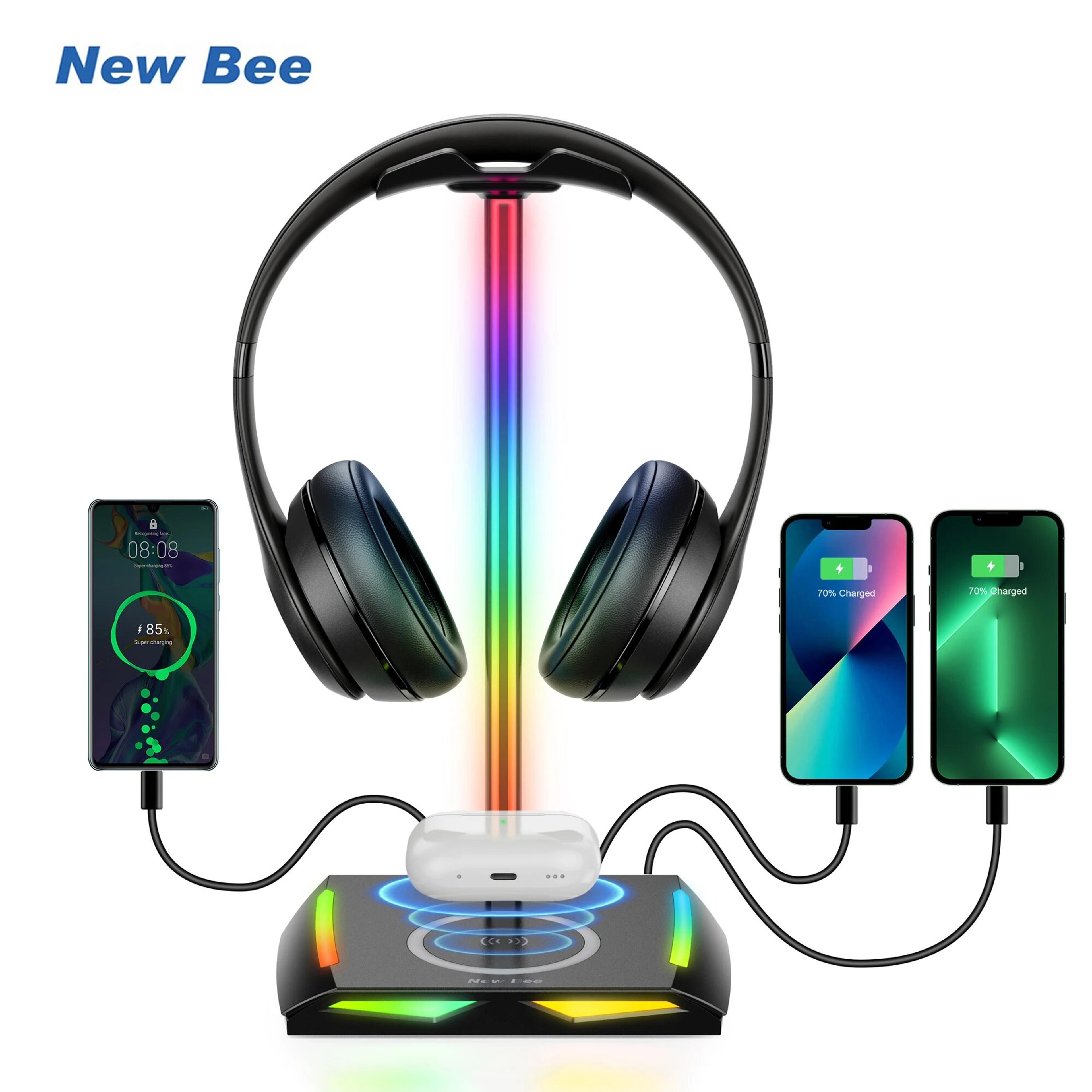 rgb gaming headphones stand holder, wireless charger base, non-slip rubber desk organizer