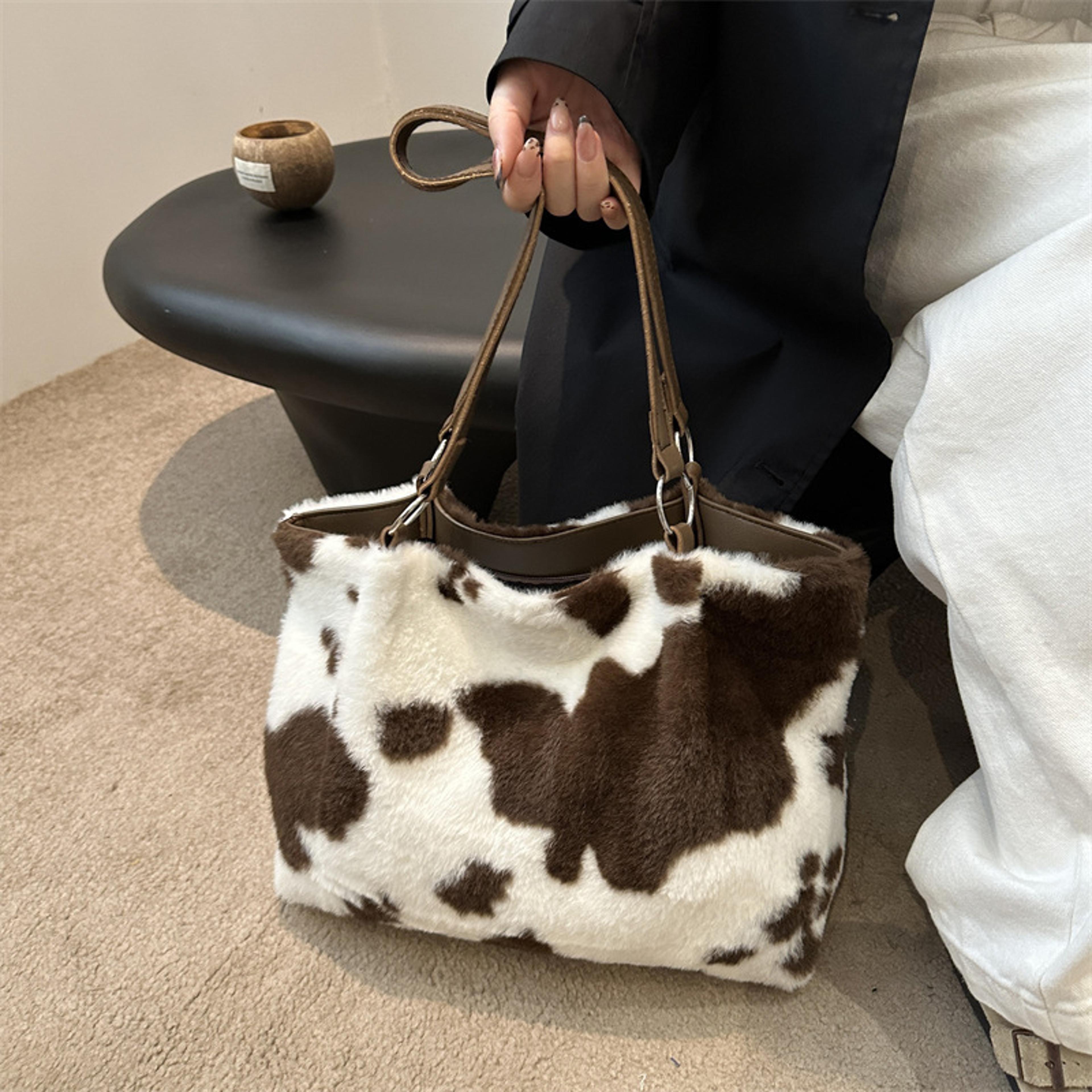 winter travel tote bag, cow printing plush shoulder bag, large capacity shopper bags for women