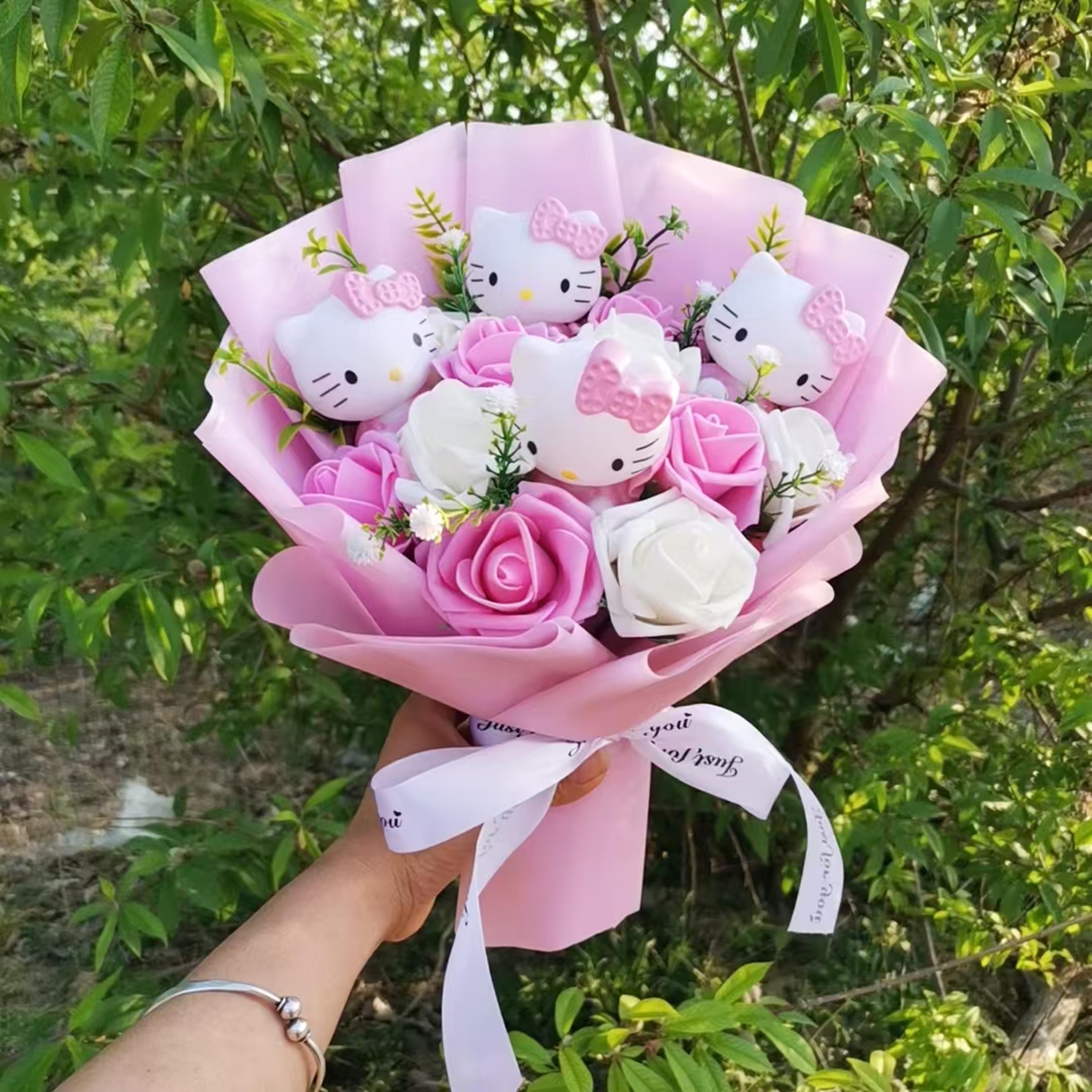 anime hello kitty plush bouquet, artificial rose flowers doll, perfect valentine's day & wedding decoration gift