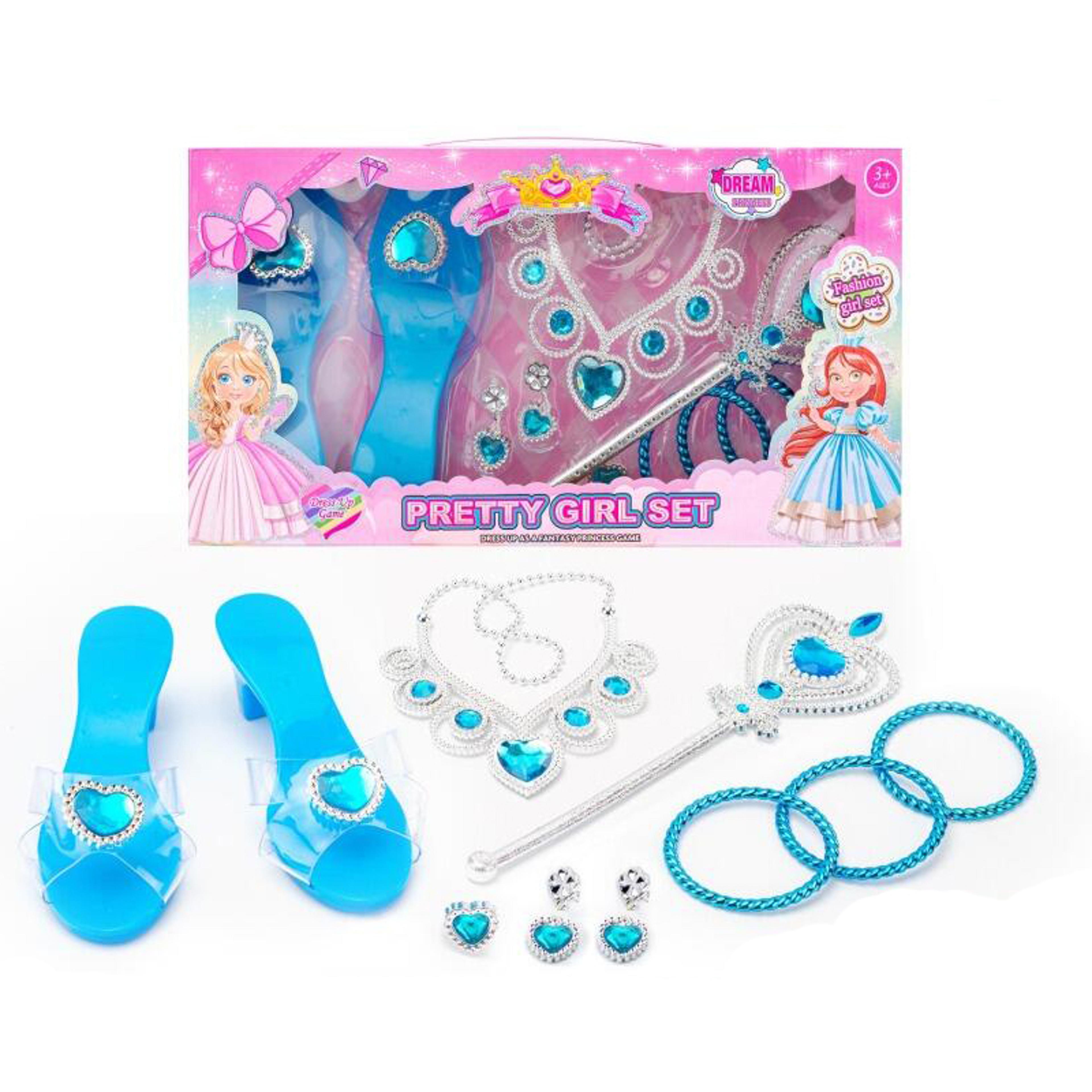 princess jewelry set for girls, crystal shoes, necklace, crown, earrings & bracelet, dress up & role play accessories