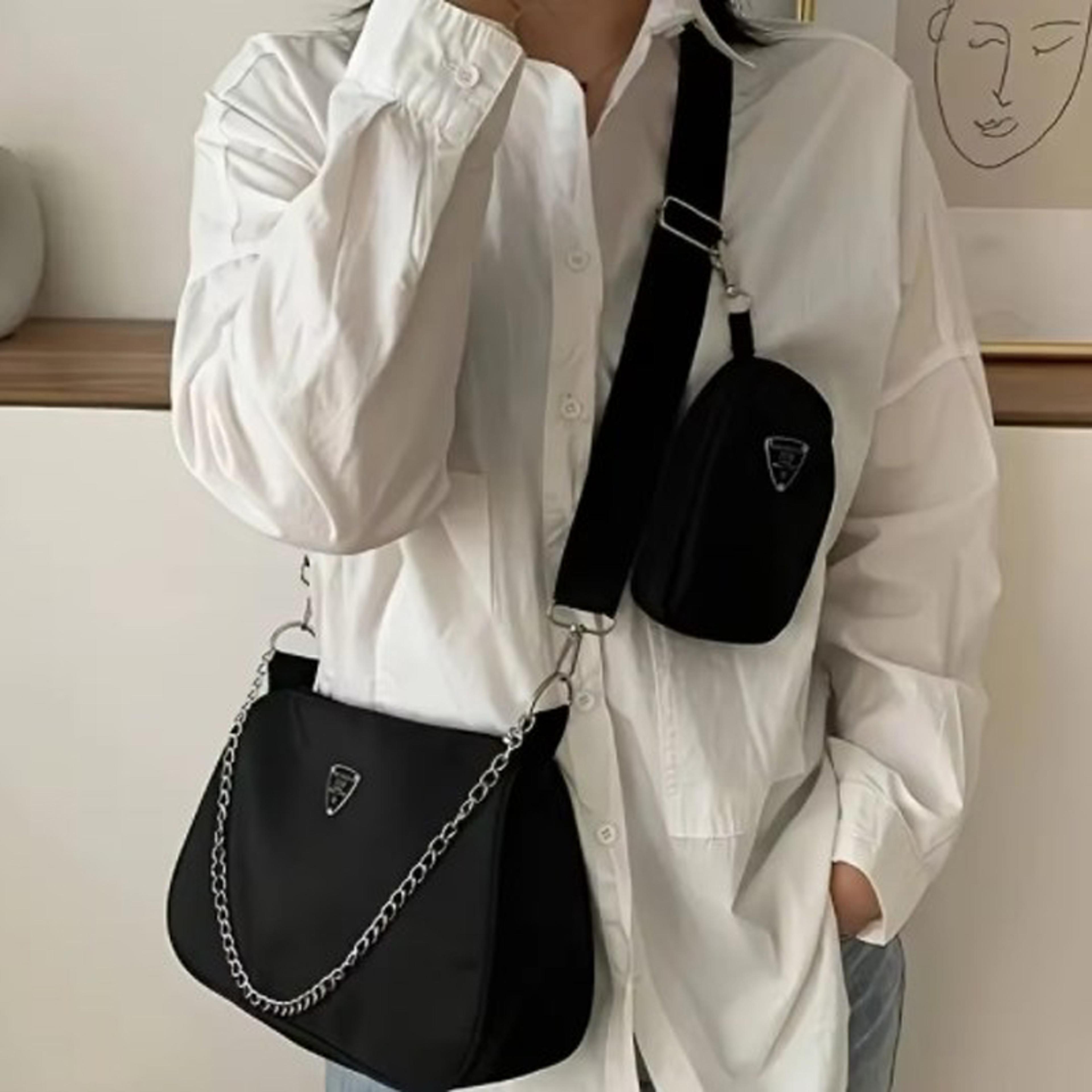Stylish Nylon Shoulder Bag Set Chic Solid Color Handbags With Chain Strap For Everyday Use  Travel 0