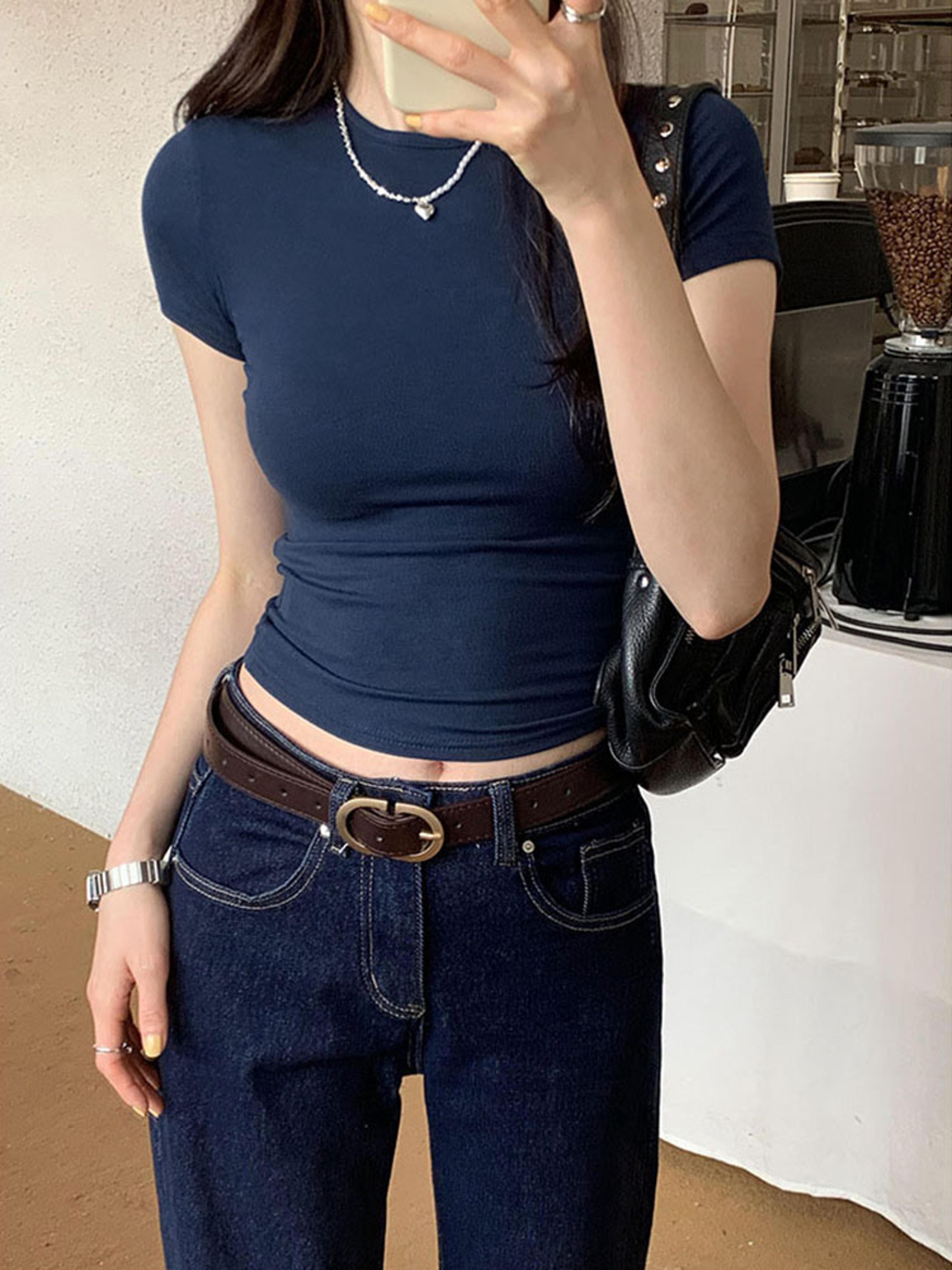 Basic Solid Crop Top Tshirt For Women Vintage Crewneck Casual Tee Streetwear For Summer 7