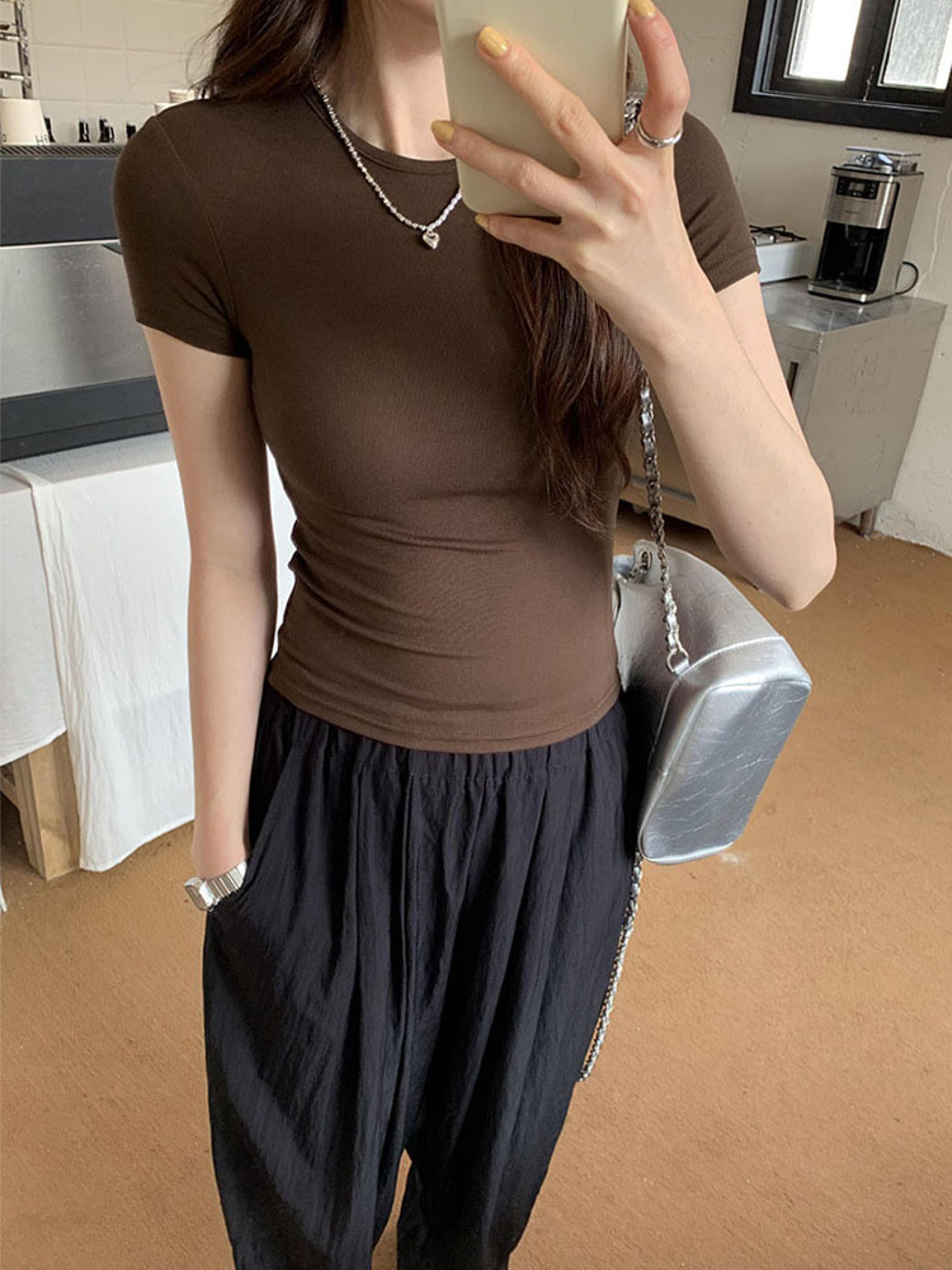 Basic Solid Crop Top Tshirt For Women Vintage Crewneck Casual Tee Streetwear For Summer 6