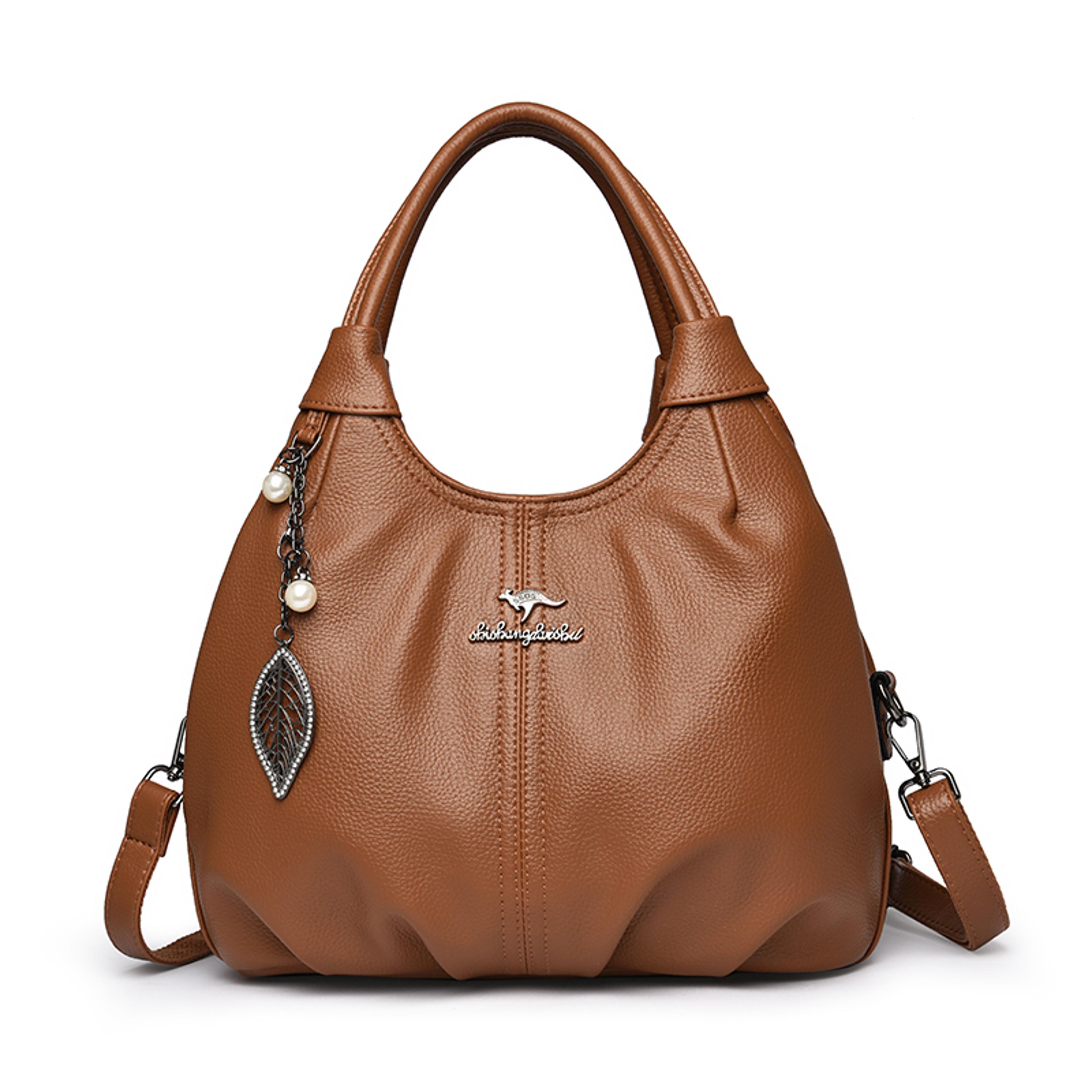Soft Lychee Leather Hobo Handbag Stylish 3Layer Shoulder  Crossbody Tote Bag With Pearl Leaf Pendan 8