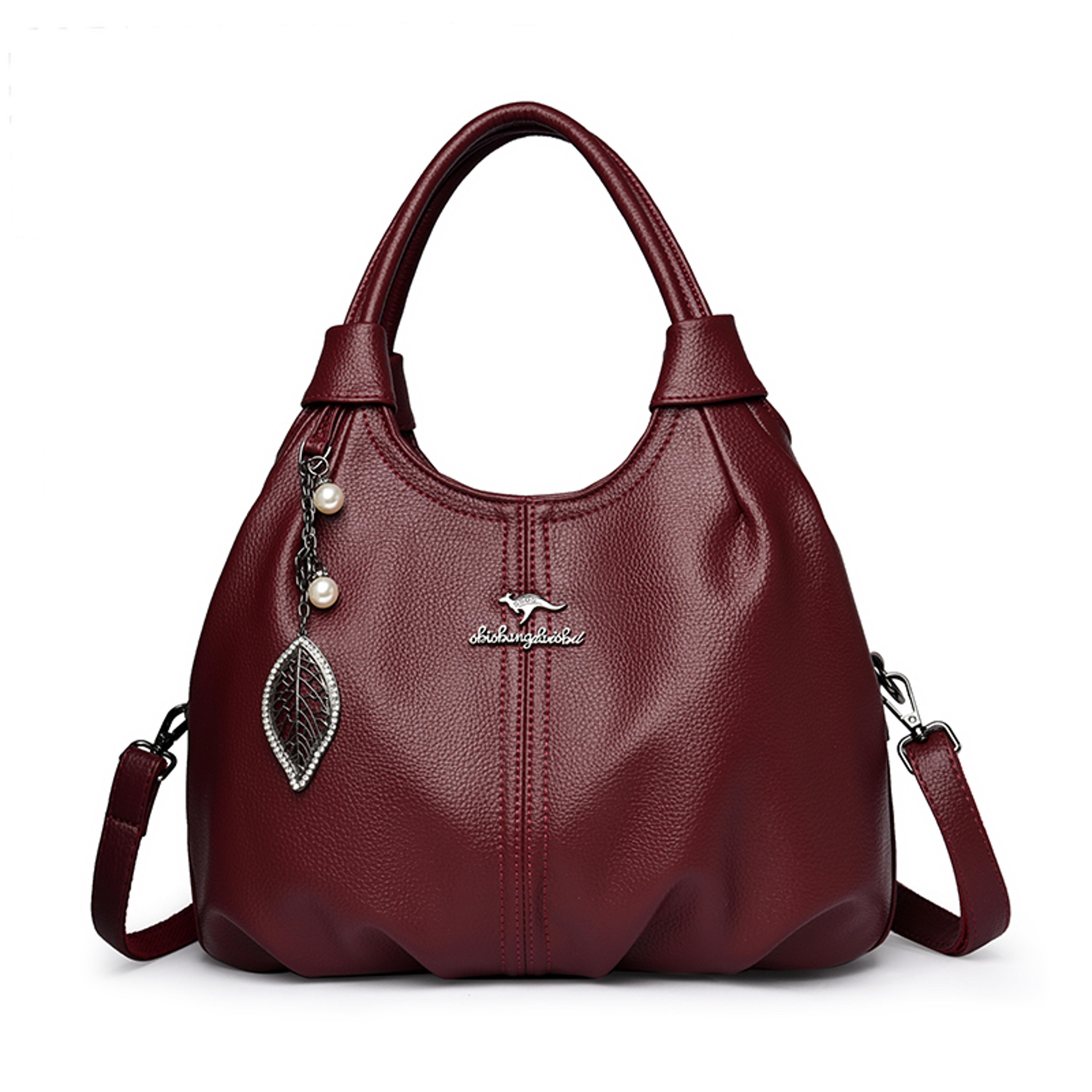 Soft Lychee Leather Hobo Handbag Stylish 3Layer Shoulder  Crossbody Tote Bag With Pearl Leaf Pendan 5