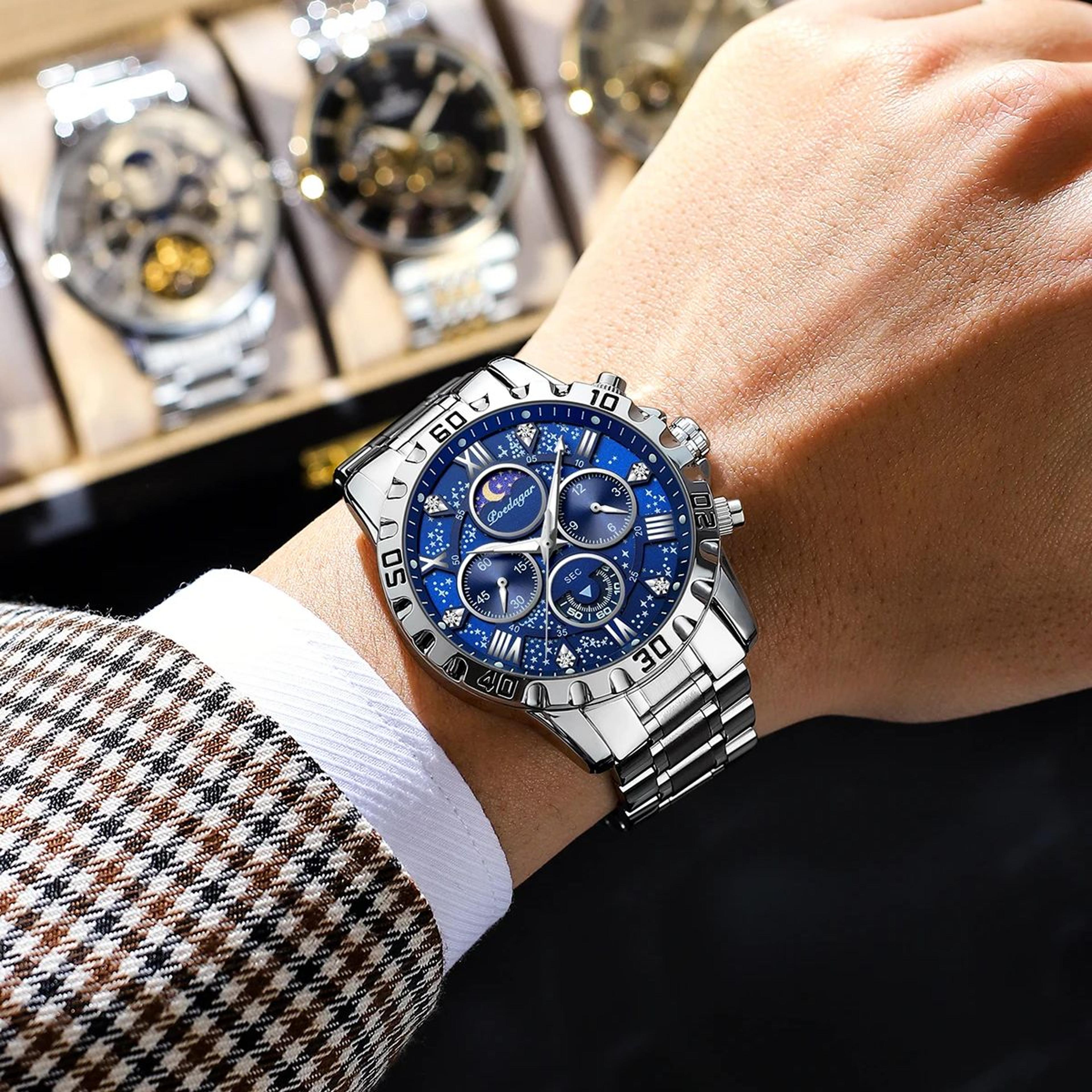 premium mens chronograph watch waterproof sports stainless steel quartz timepiece