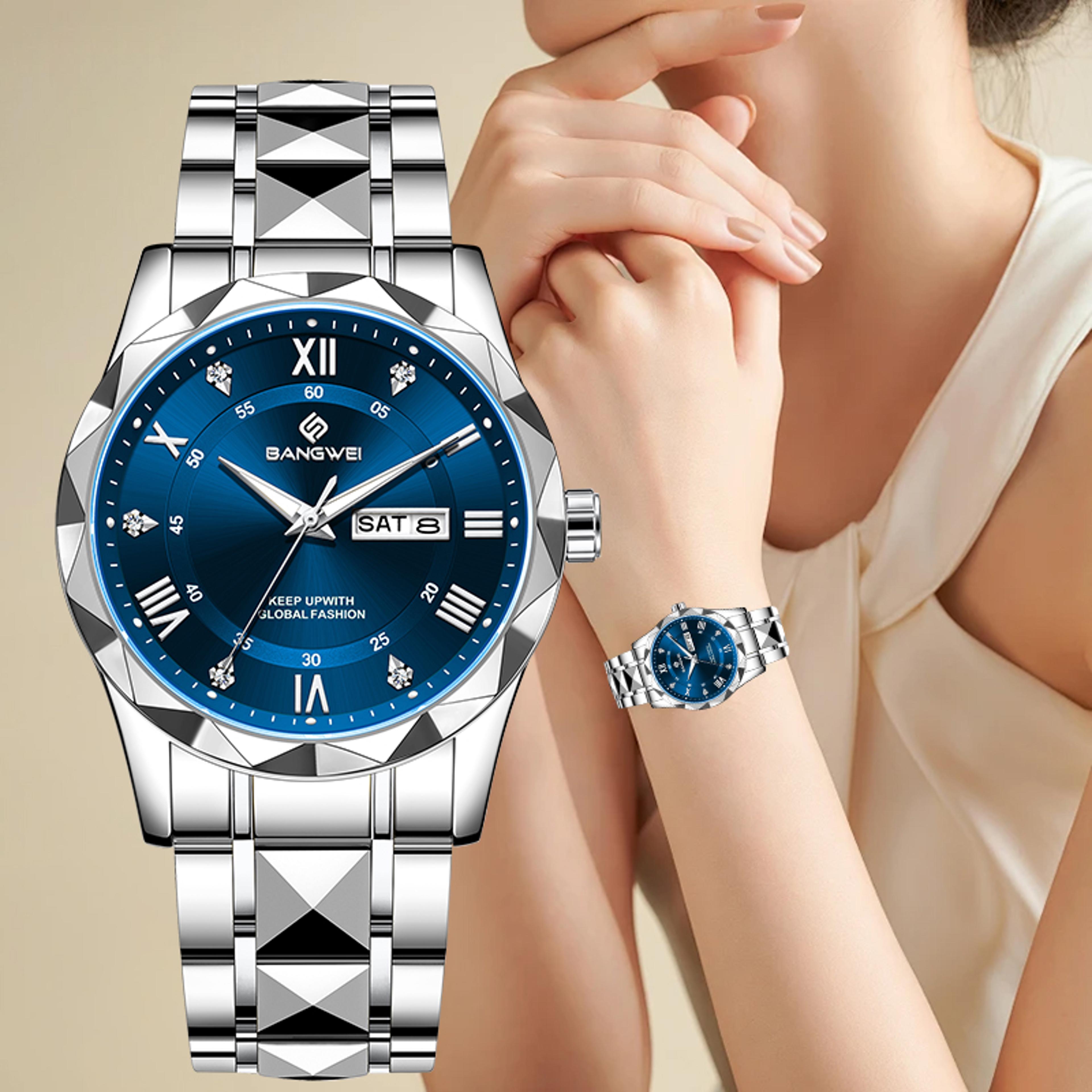 luxury stainless steel quartz watch for women, elegant waterproof date & luminous hands