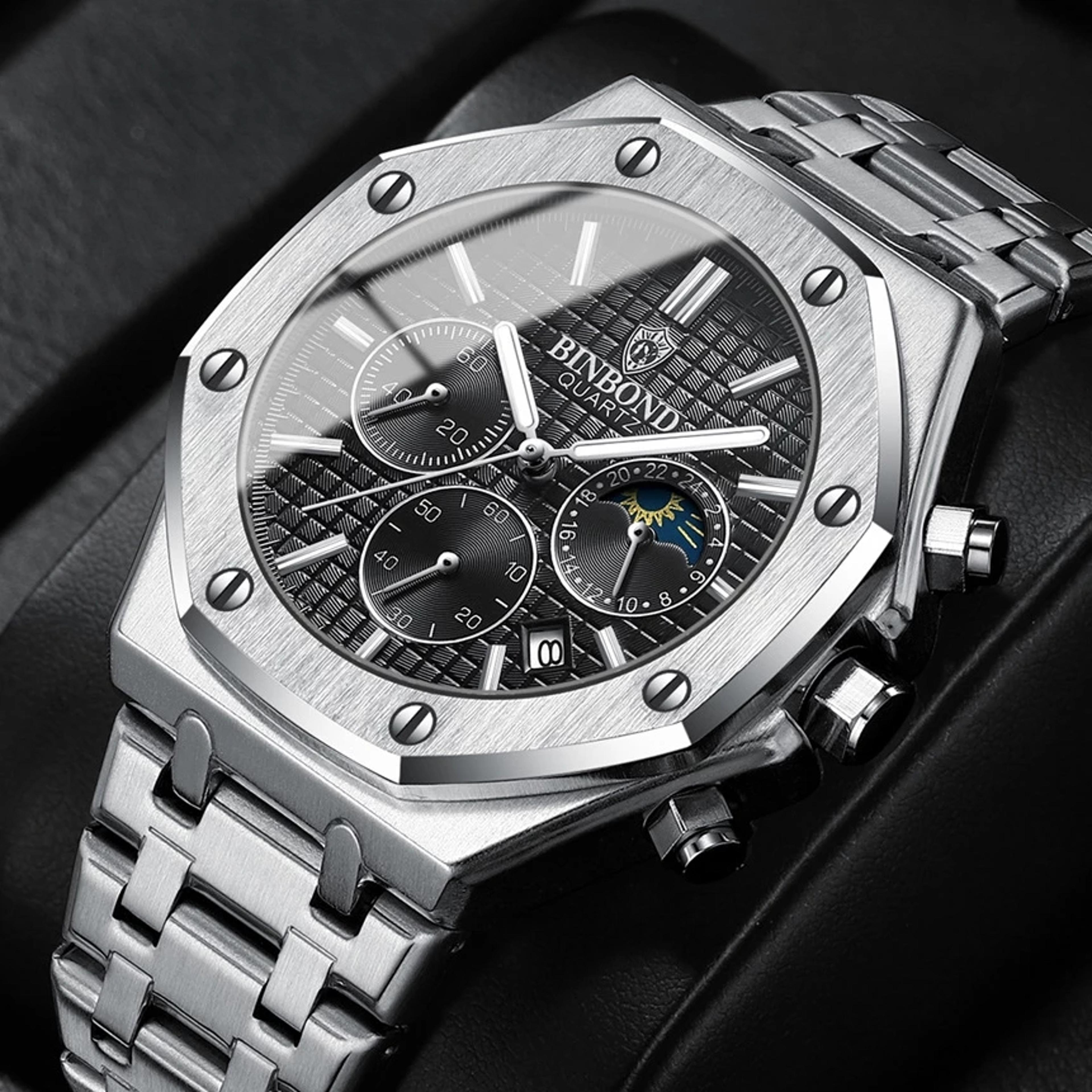 luxury waterproof stainless steel watch, luminous wristwatch for men