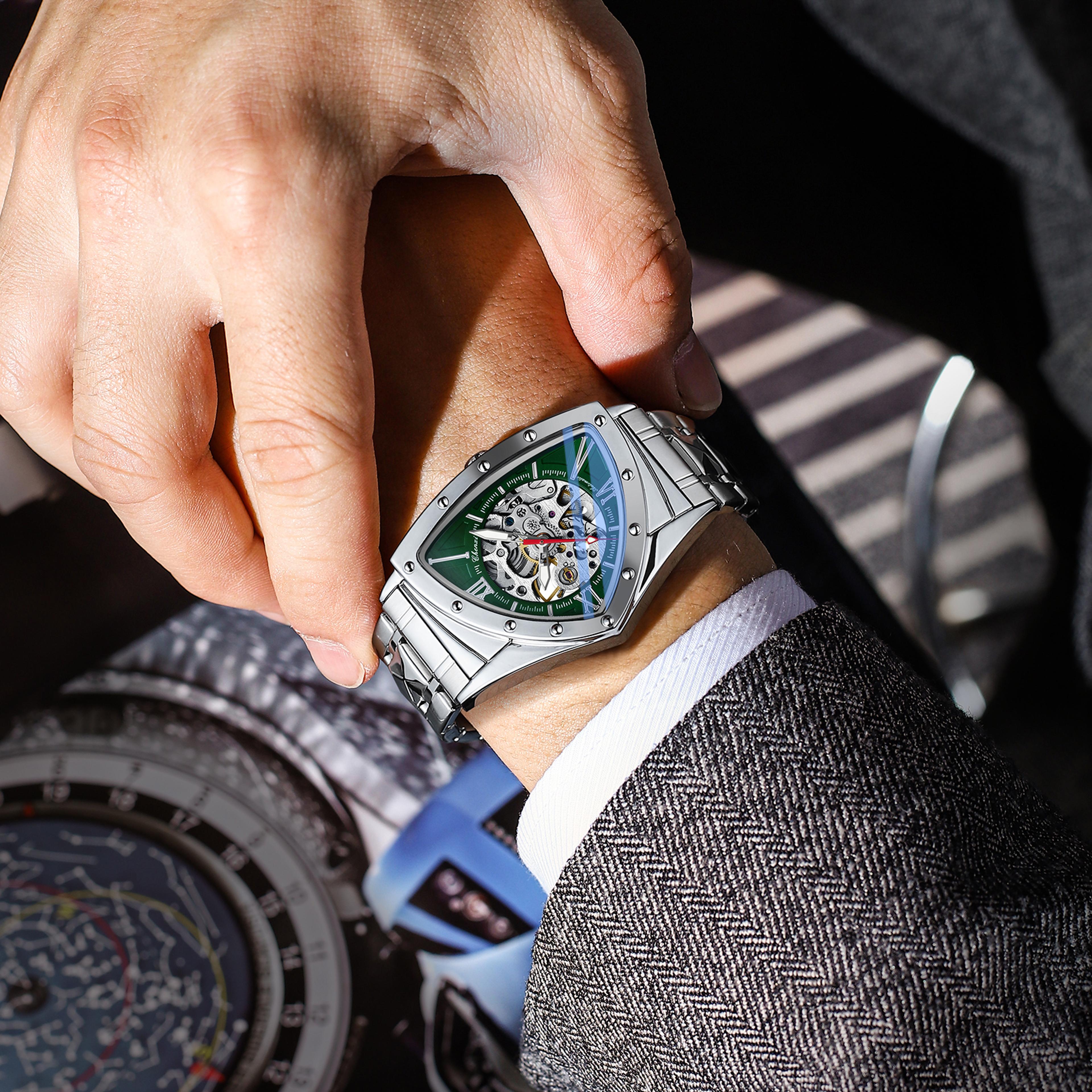 Premium Triangle Skeleton Men Mechanical Watch With Luminous Stainless Steel Strap 3