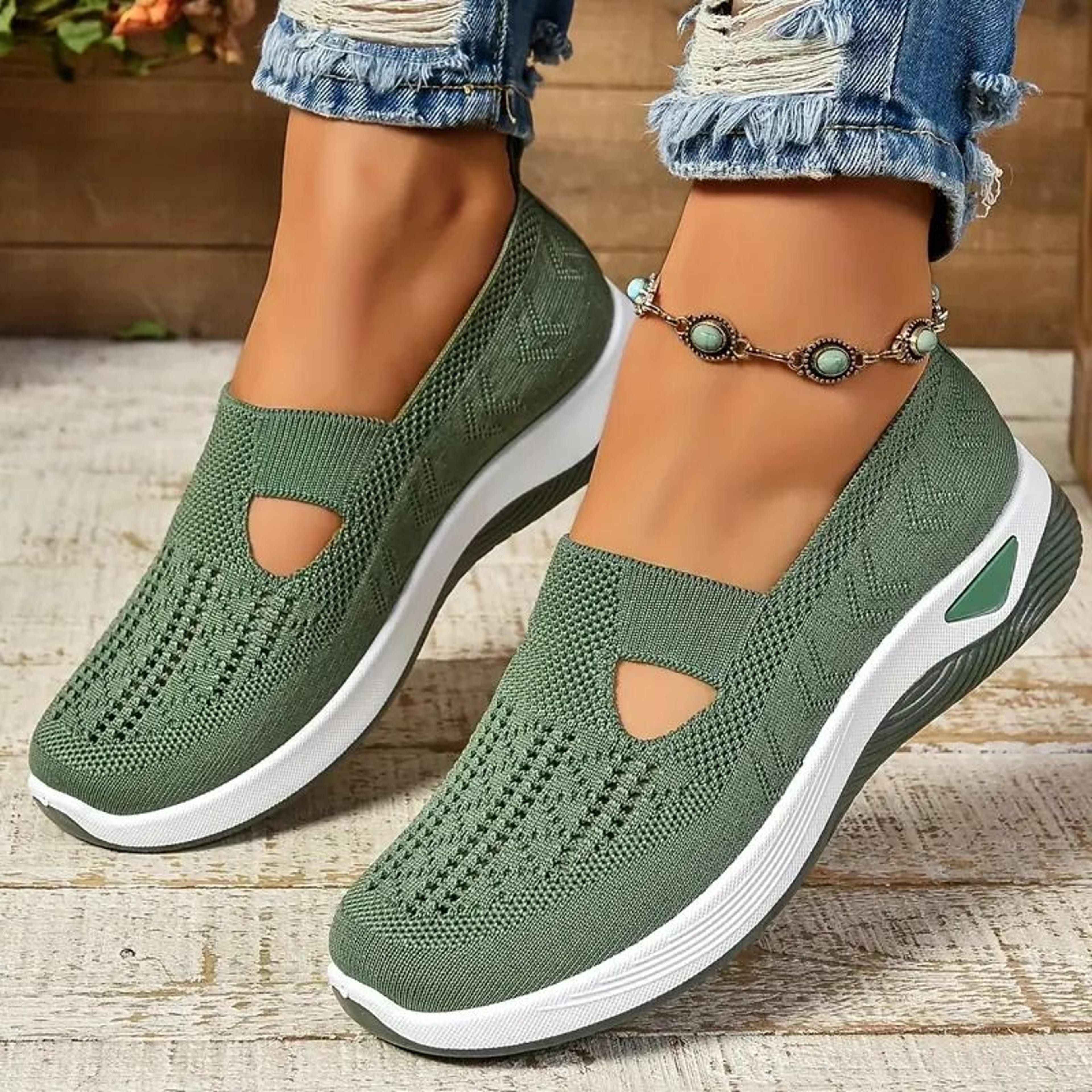 slip-on walking flats for women with breathable knit, soft sole shoes for all-day comfort