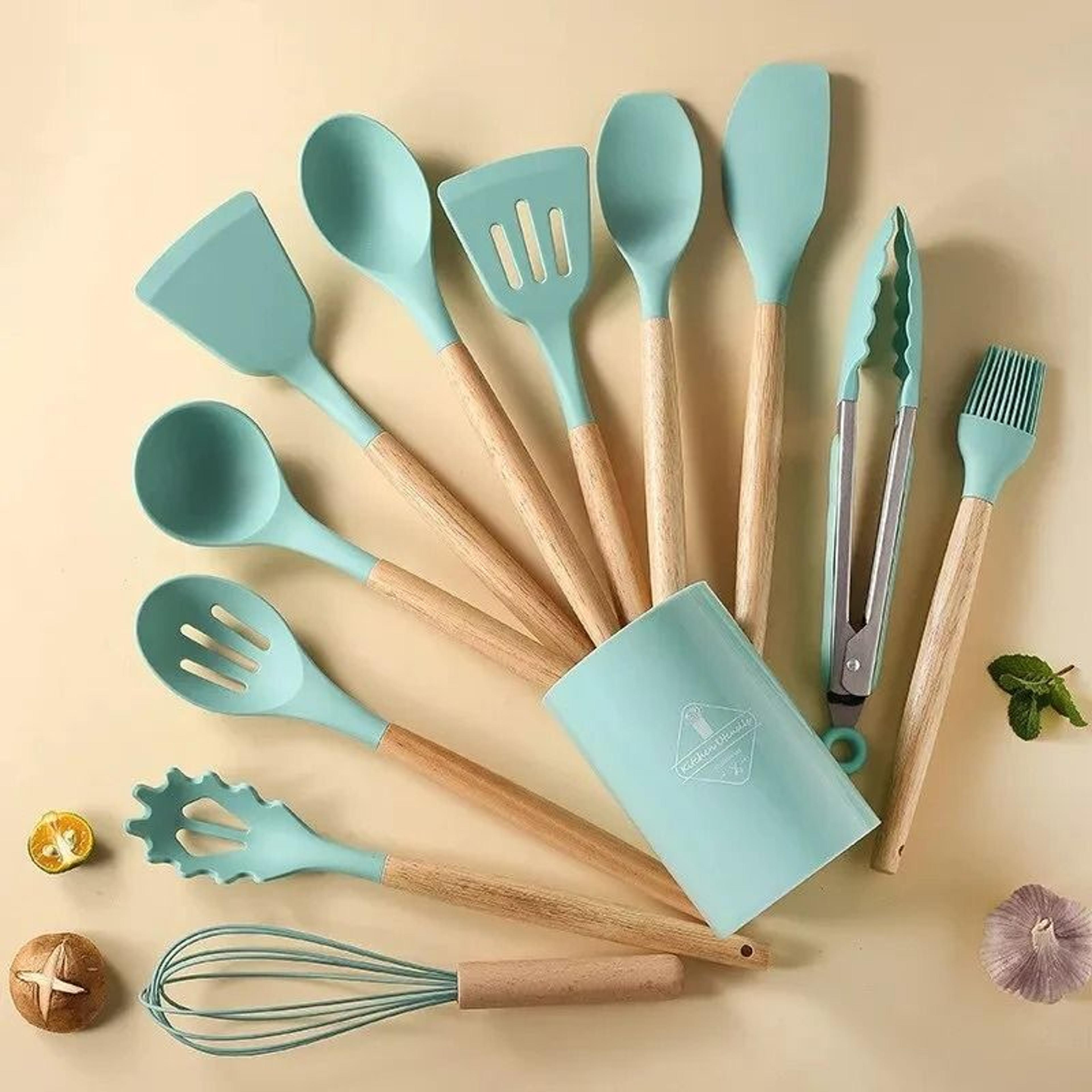 heat-resistant silicone kitchen utensil set with wooden handles and storage bucket