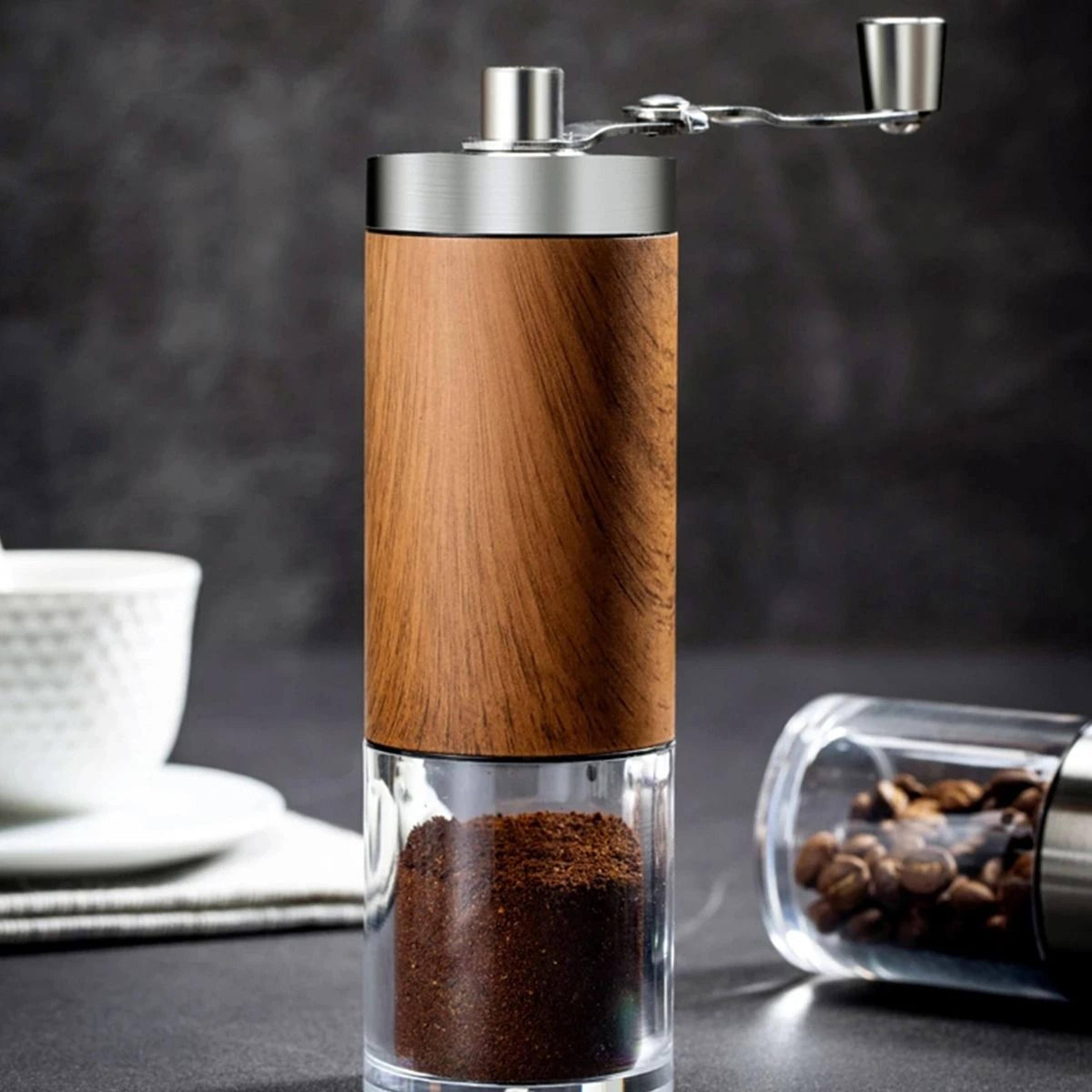 portable wood grain manual coffee bean grinder with stainless steel hand crank