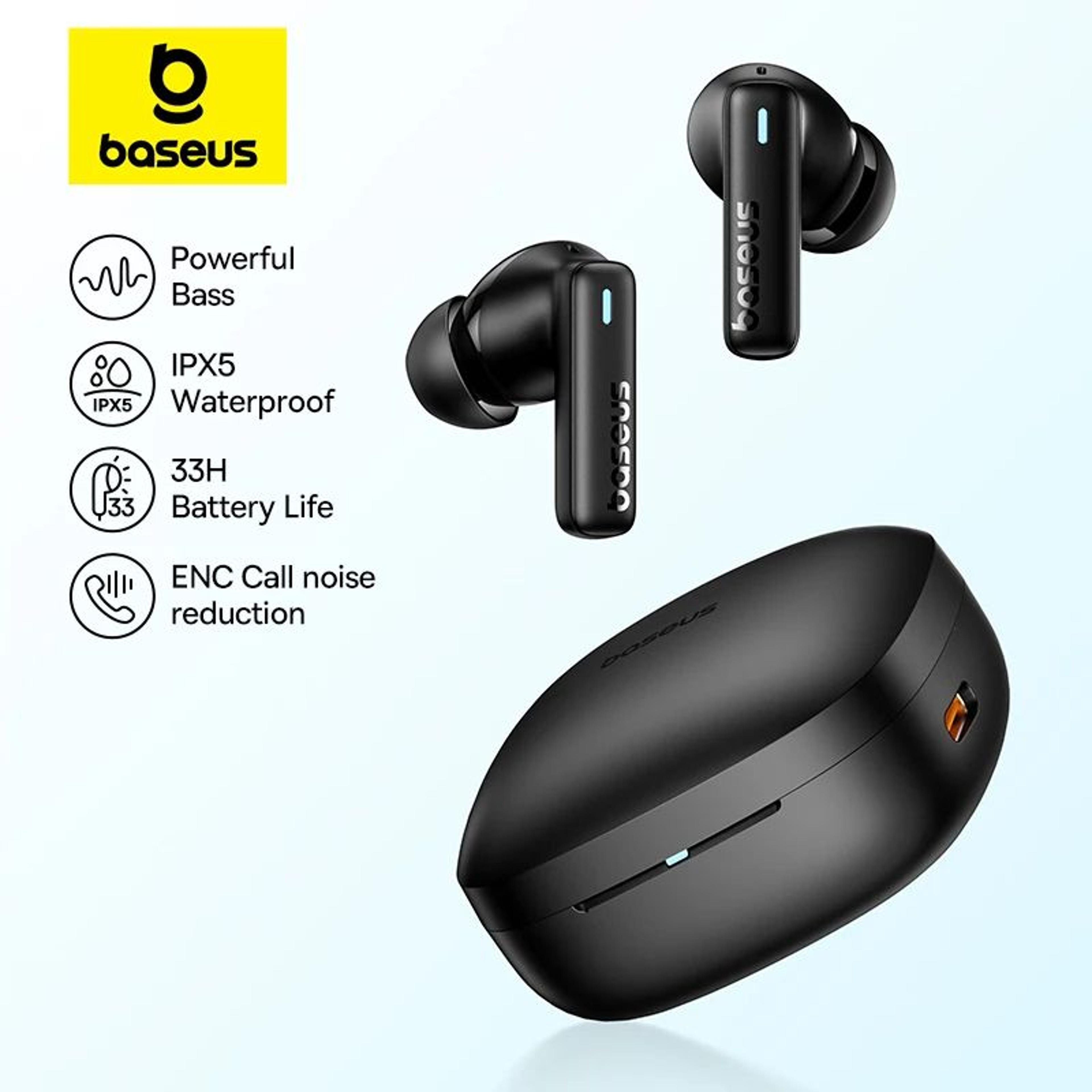 baseus bluetooth earbuds, powerful big bass, waterproof, intelligent enc