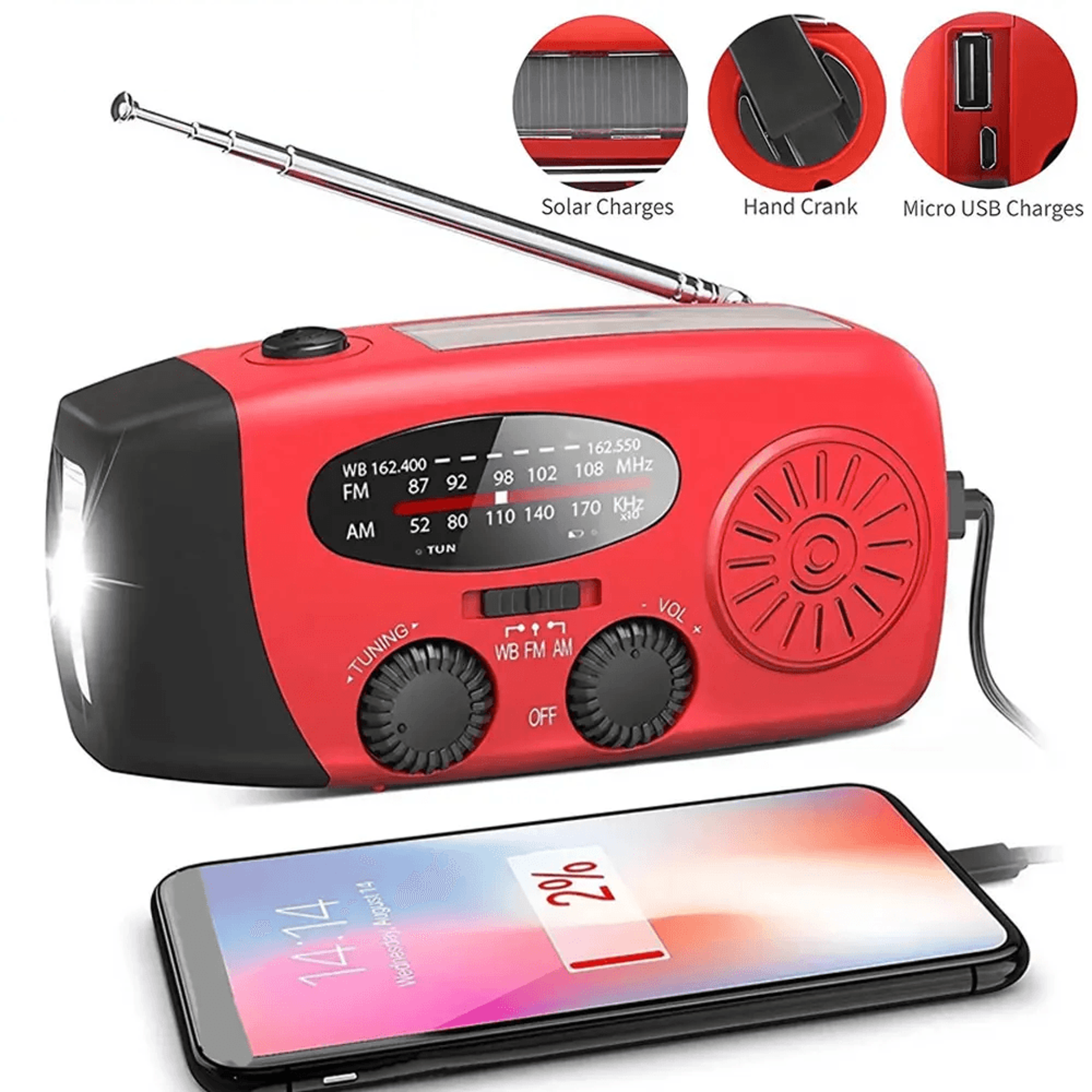 emergency solar & hand crank fm radio, outdoor portable phone charger, led lighting, power generator