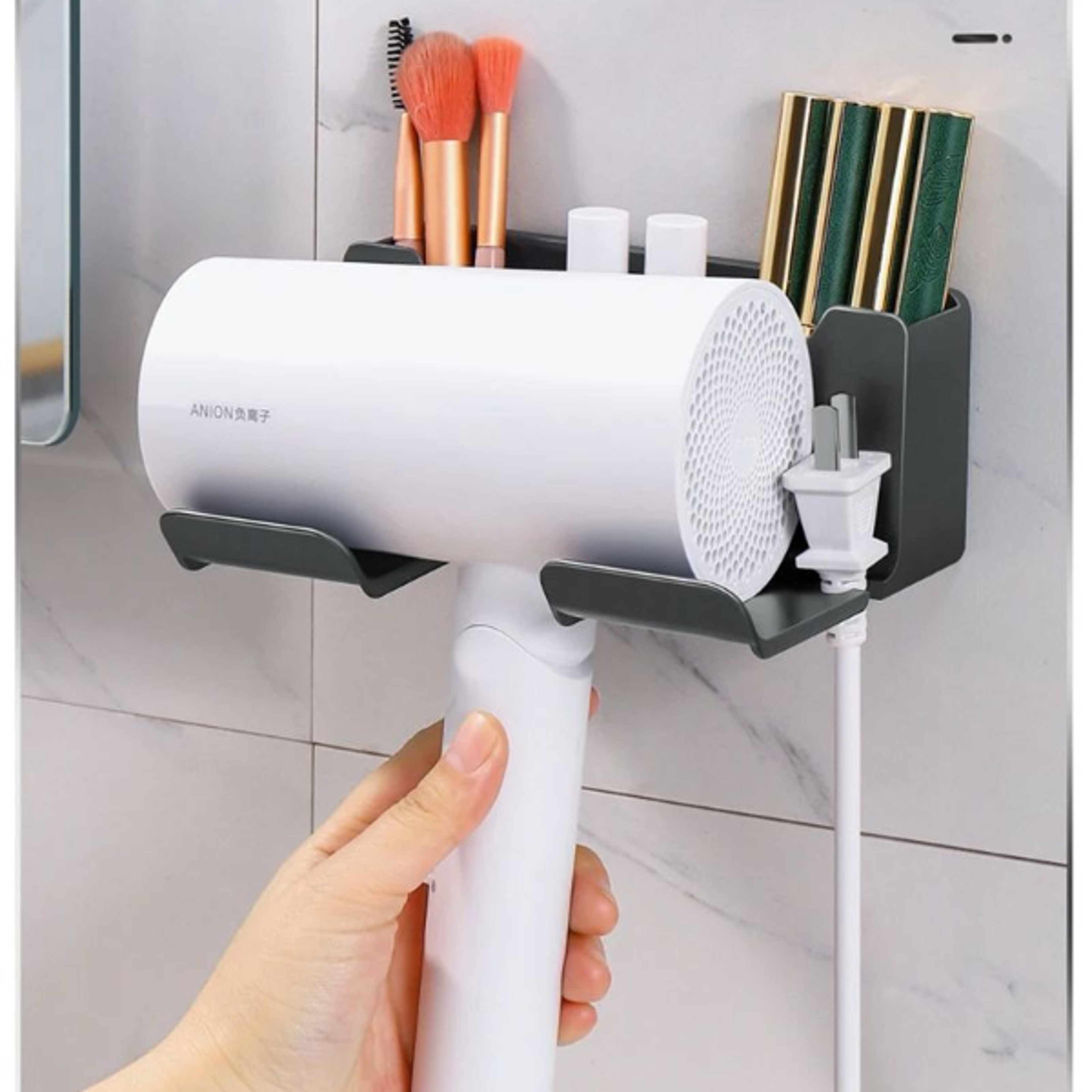 WallMounted Hair Dryer Holder  Straightener Organizer NoDrill Bathroom Storage Shelf 5