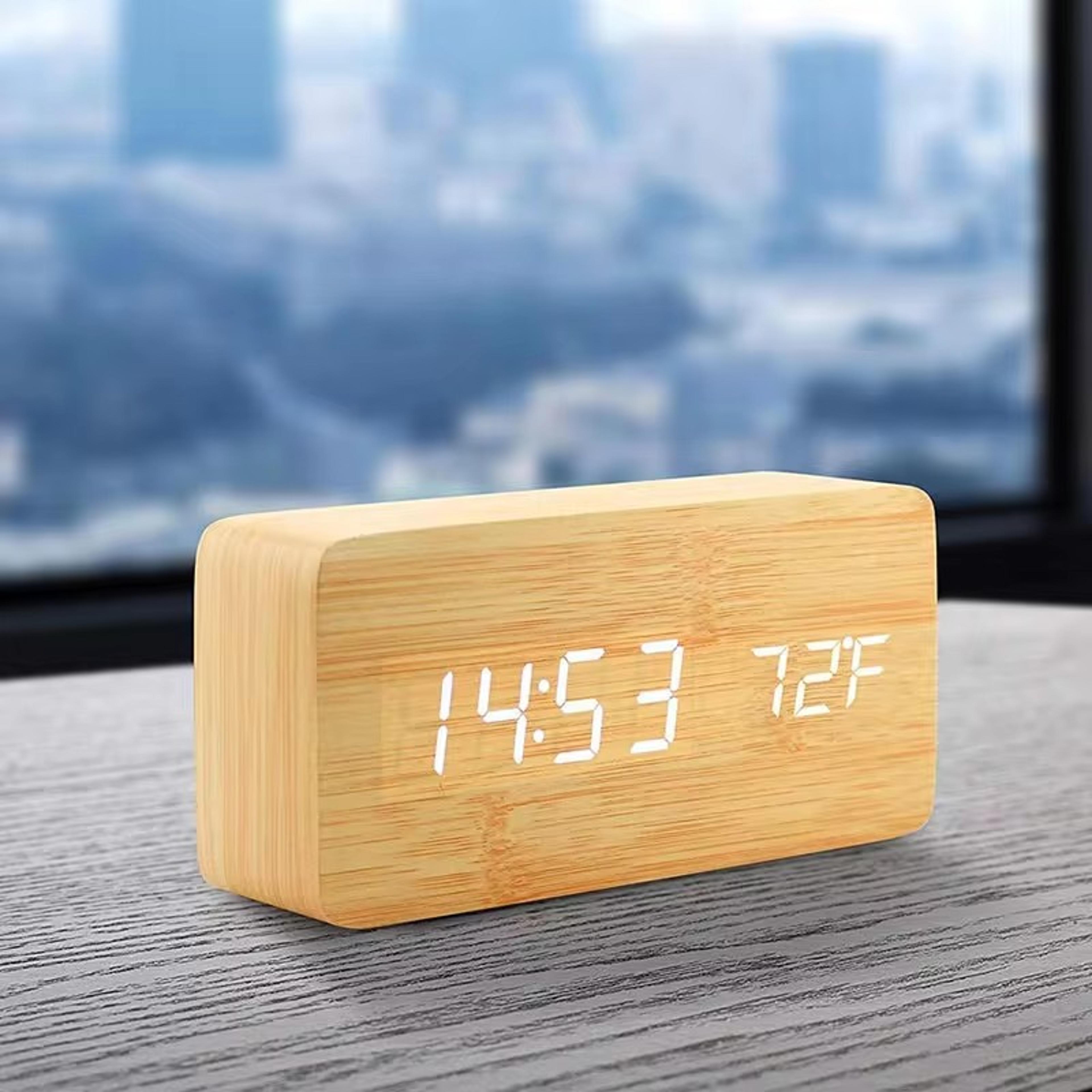 wooden digital alarm clock with led display & temperature – stylish table clock for bedroom & office