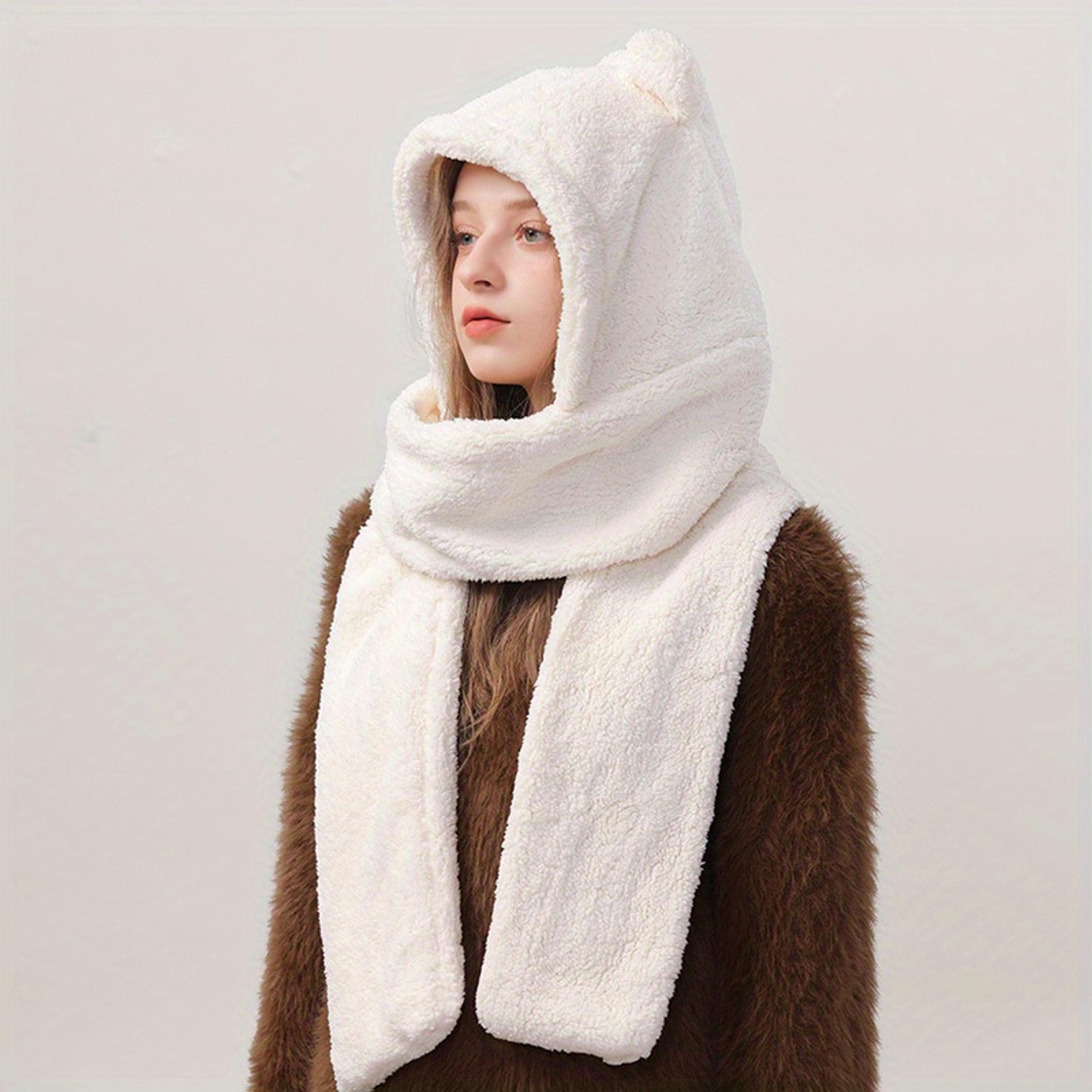 Bear Ear Hoodie Hat Scarf Gloves Set Winter Warm Cute Casual Plush Girl Fashion Comforts Polyester 1