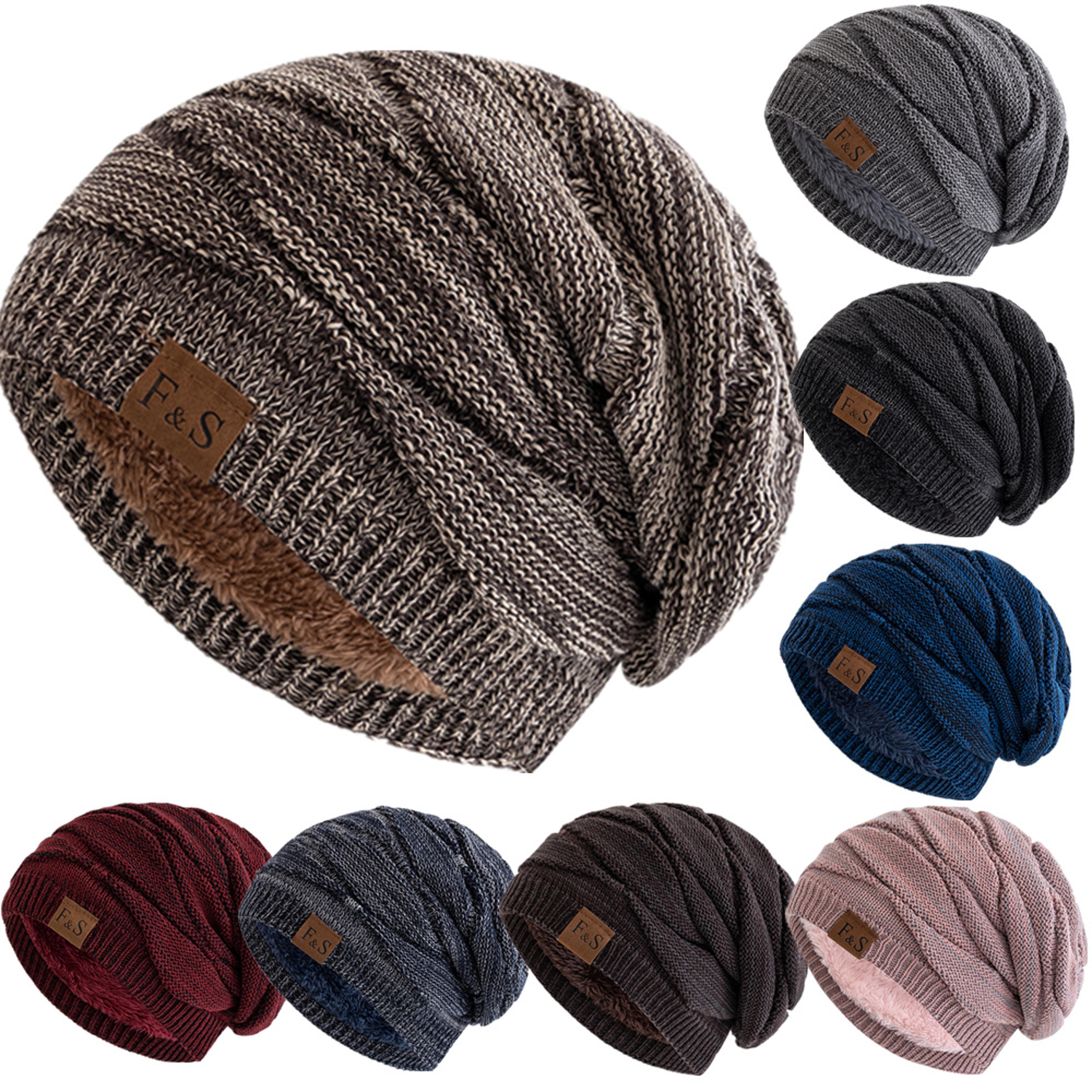 warm fleece lined beanie cap, casual unisex slouchy winter hat, knitted hat with label decor