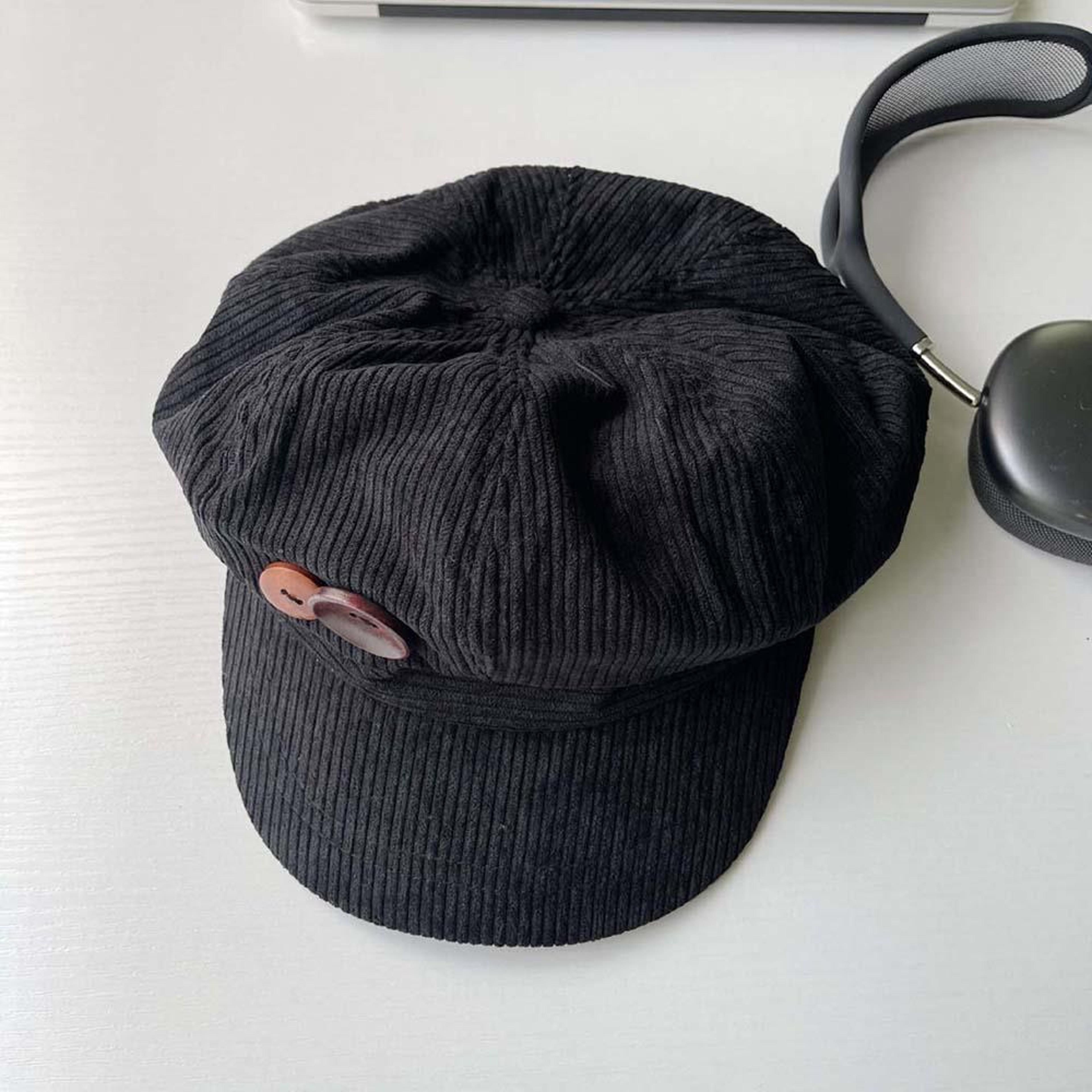 Button Vintage Corduroy Beret Hat For Women Brown Octagonal Caps Autumn Winter Painter Artist Hats  6
