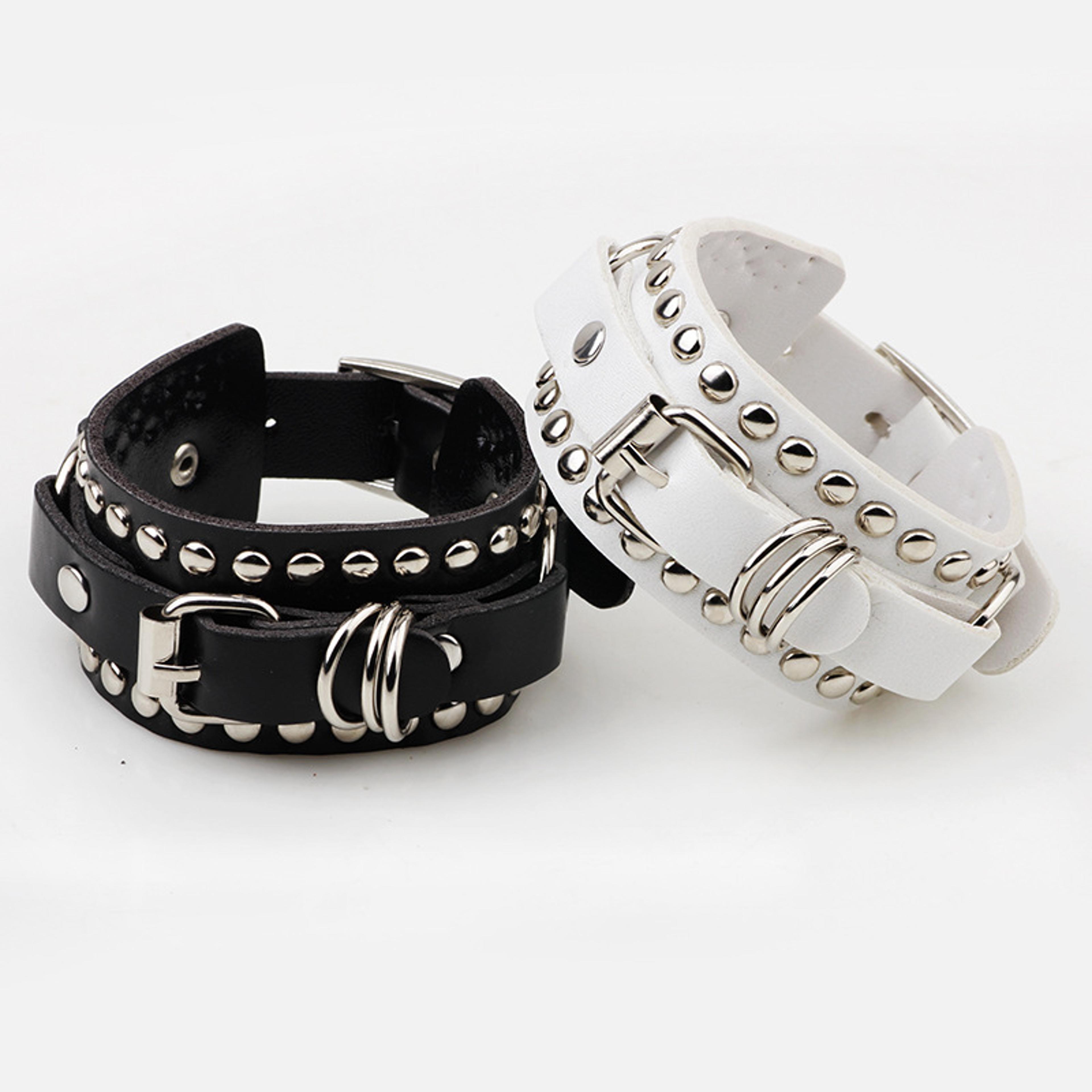gothic punk black leather cuff bracelet with spikes and rivets