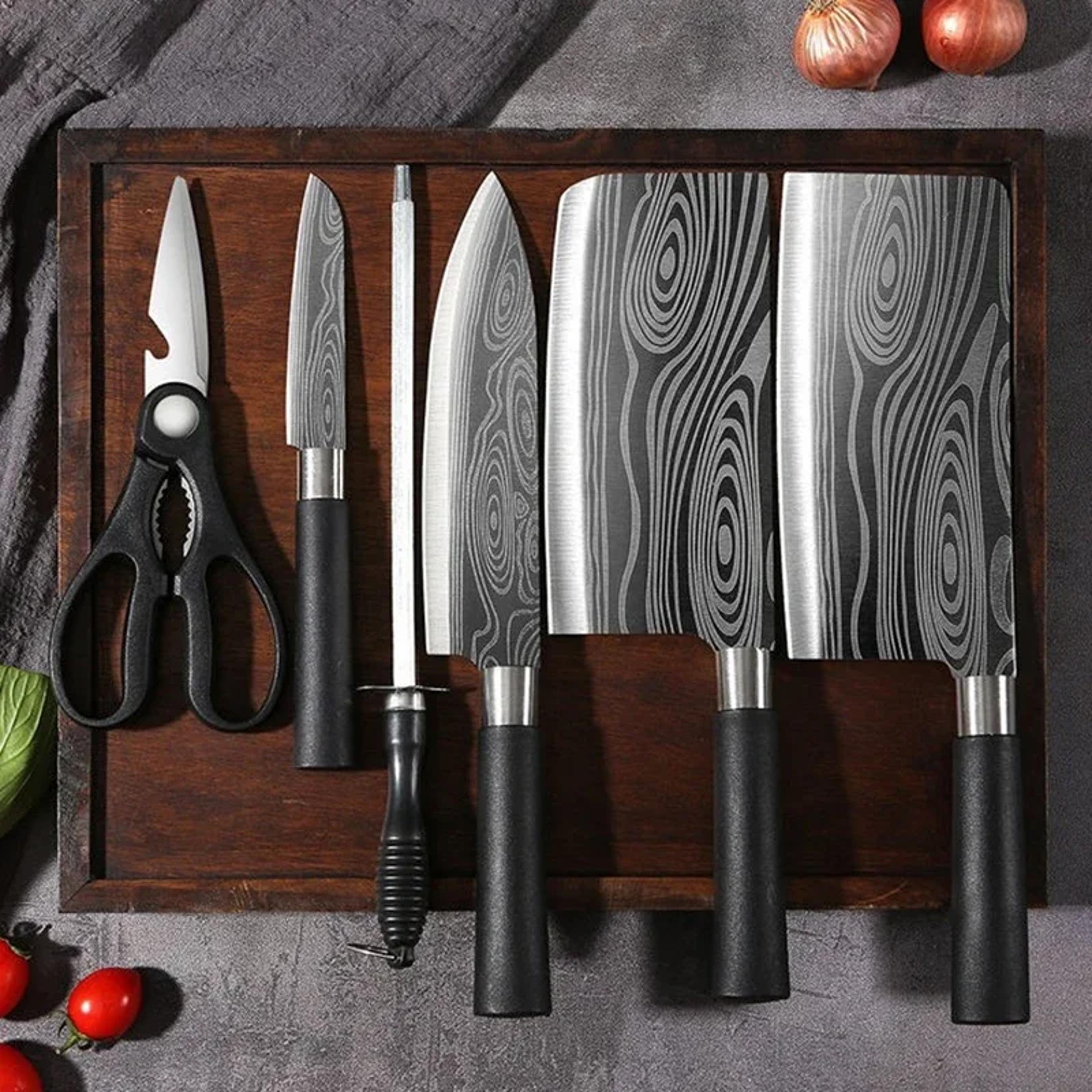 premium laser damascus kitchen knife set with sharpener chef utility & slicing tools