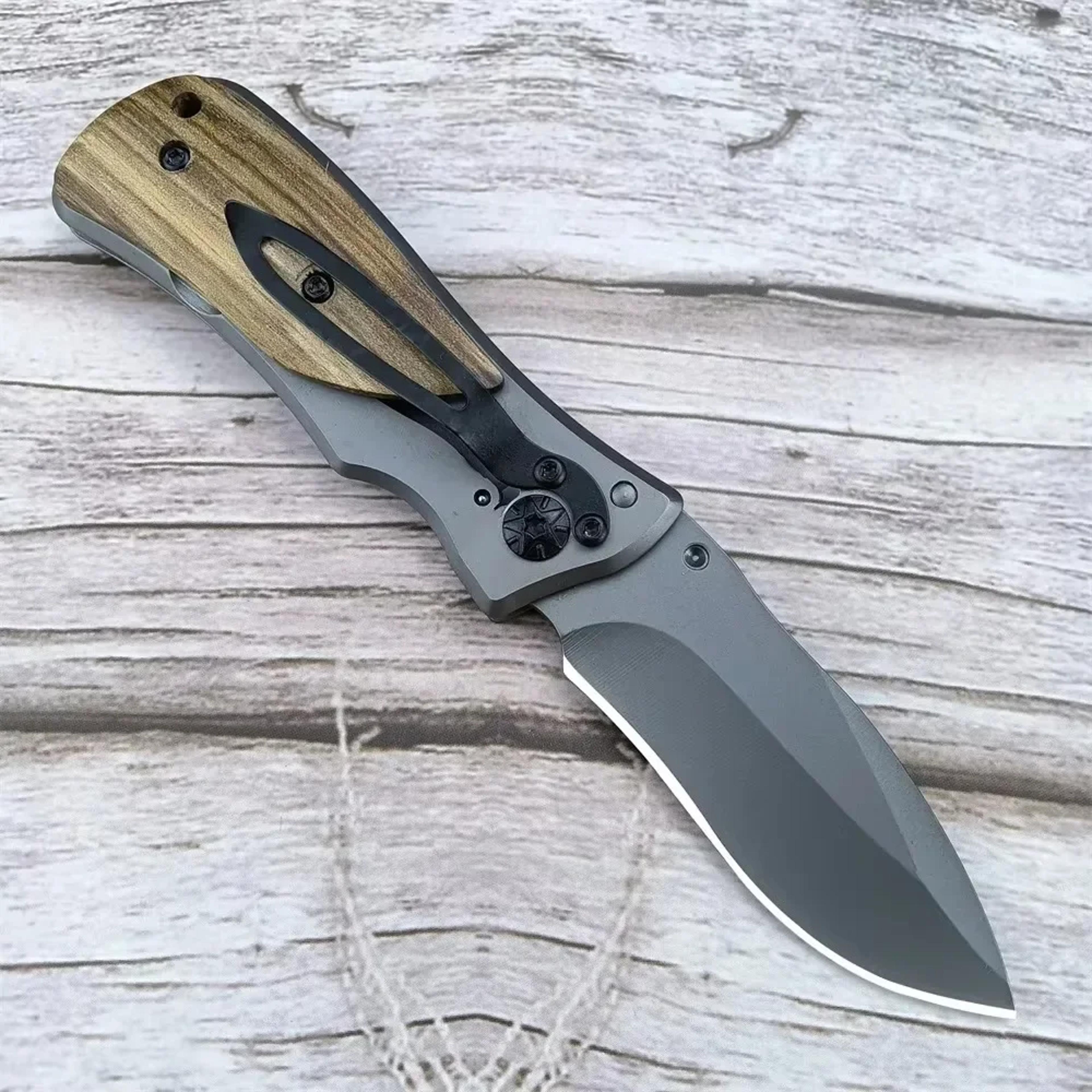olive wood folding pocket knife with blade