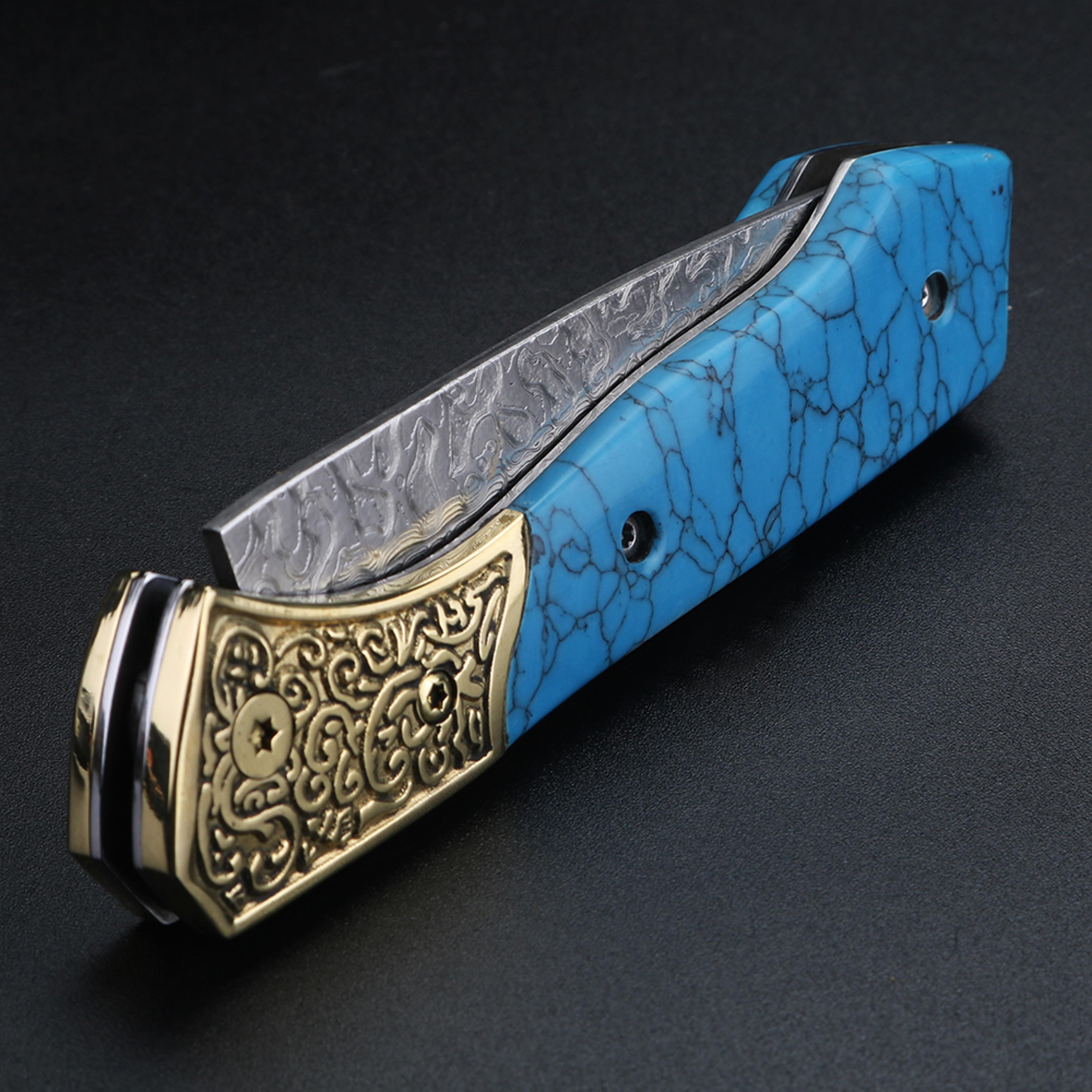 blue damascus folding pocket knife for outdoor, and fruit cutting