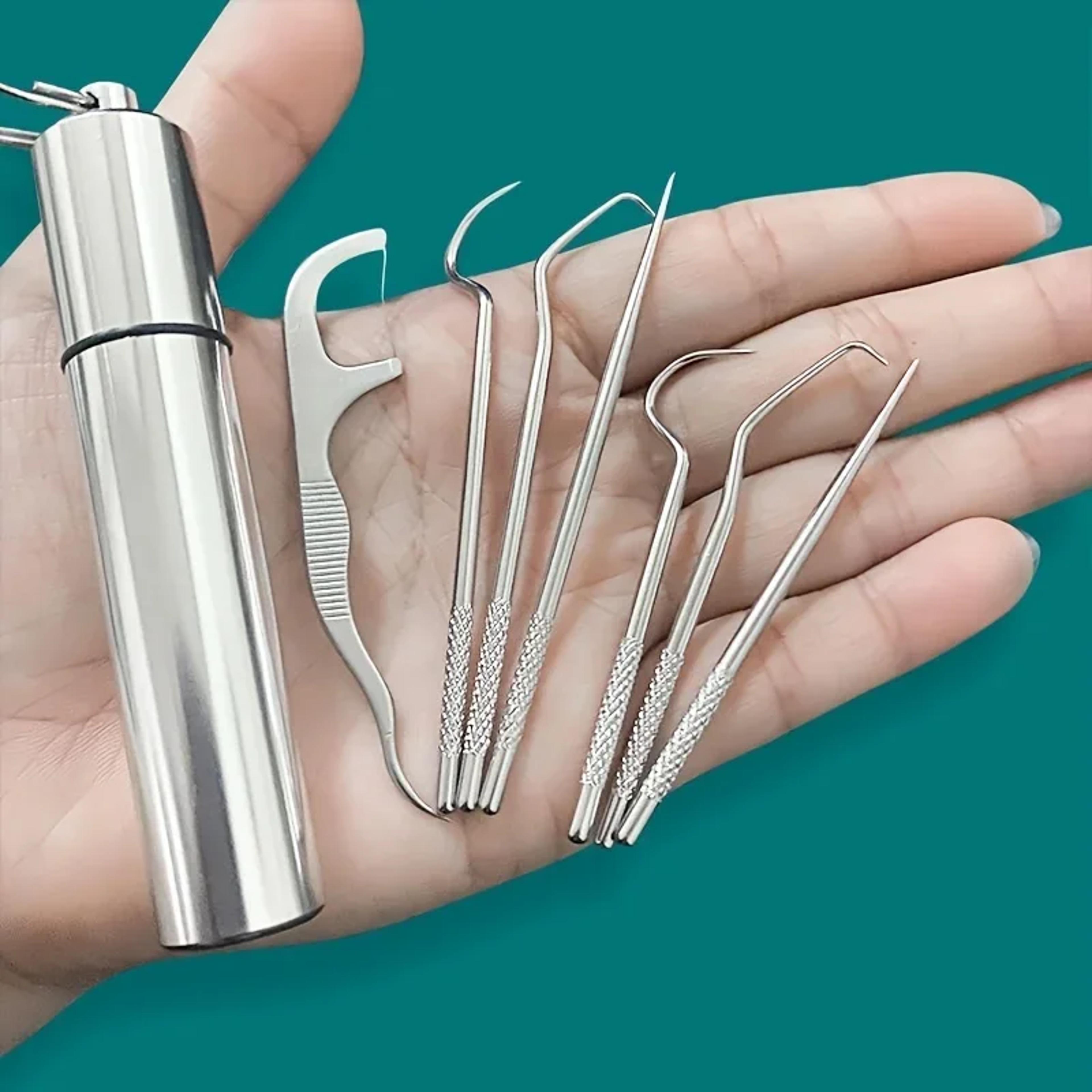 premium stainless steel toothpick set reusable teeth cleaner & tartar remover