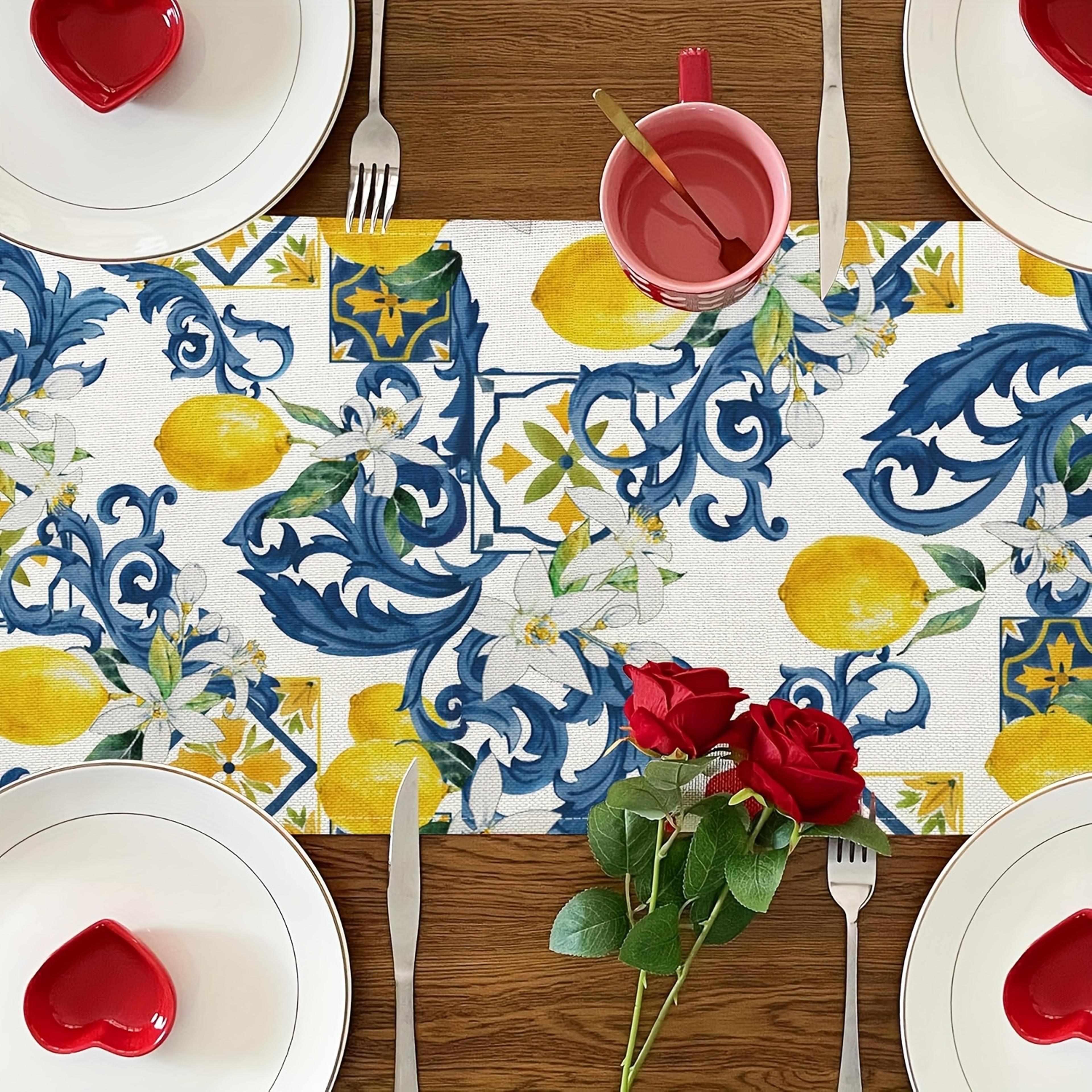 Summer Linen Table Runner Lemon  Floral Design For Home Decor 2