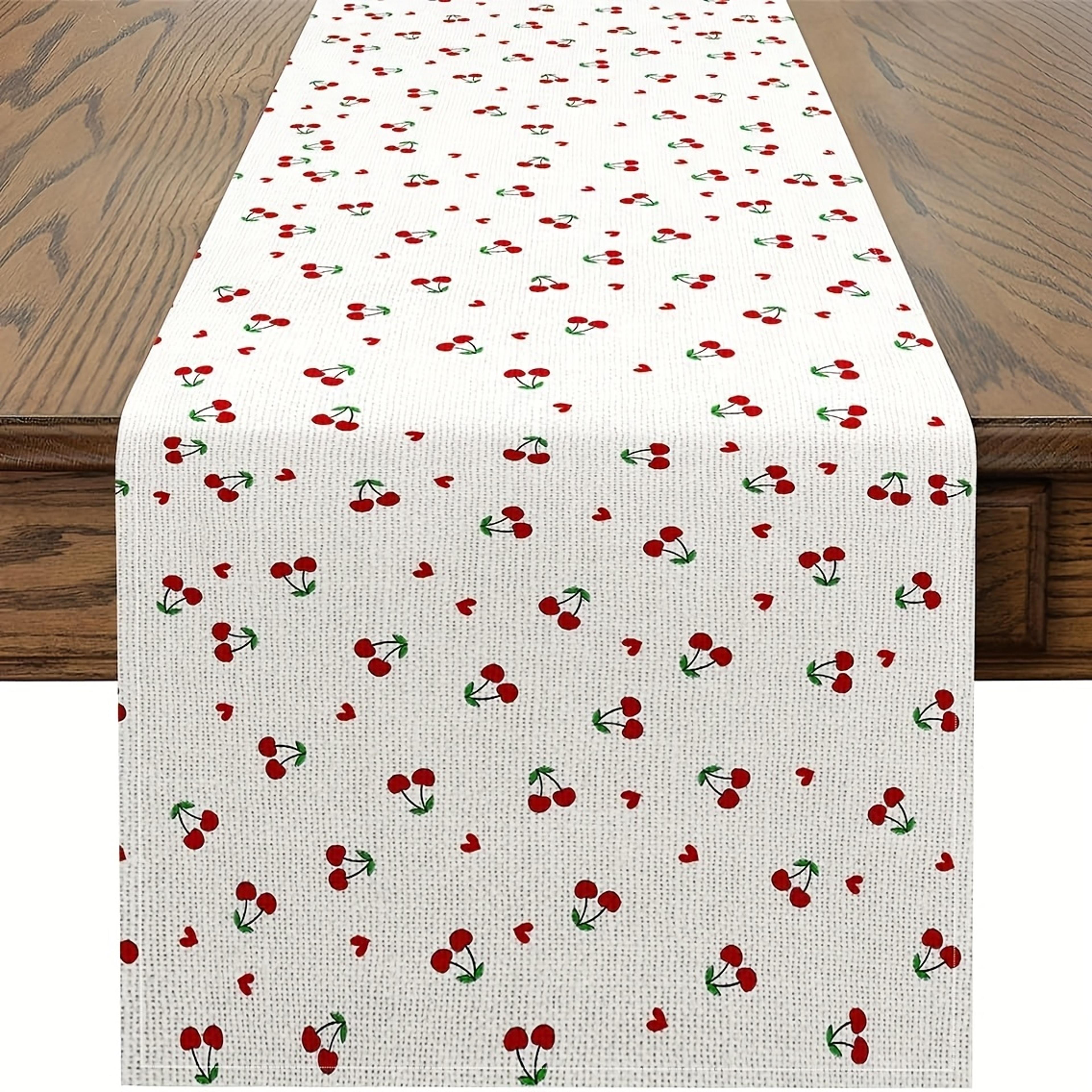 cherry linen table runner for dining room & kitchen decor fruit pattern table decor
