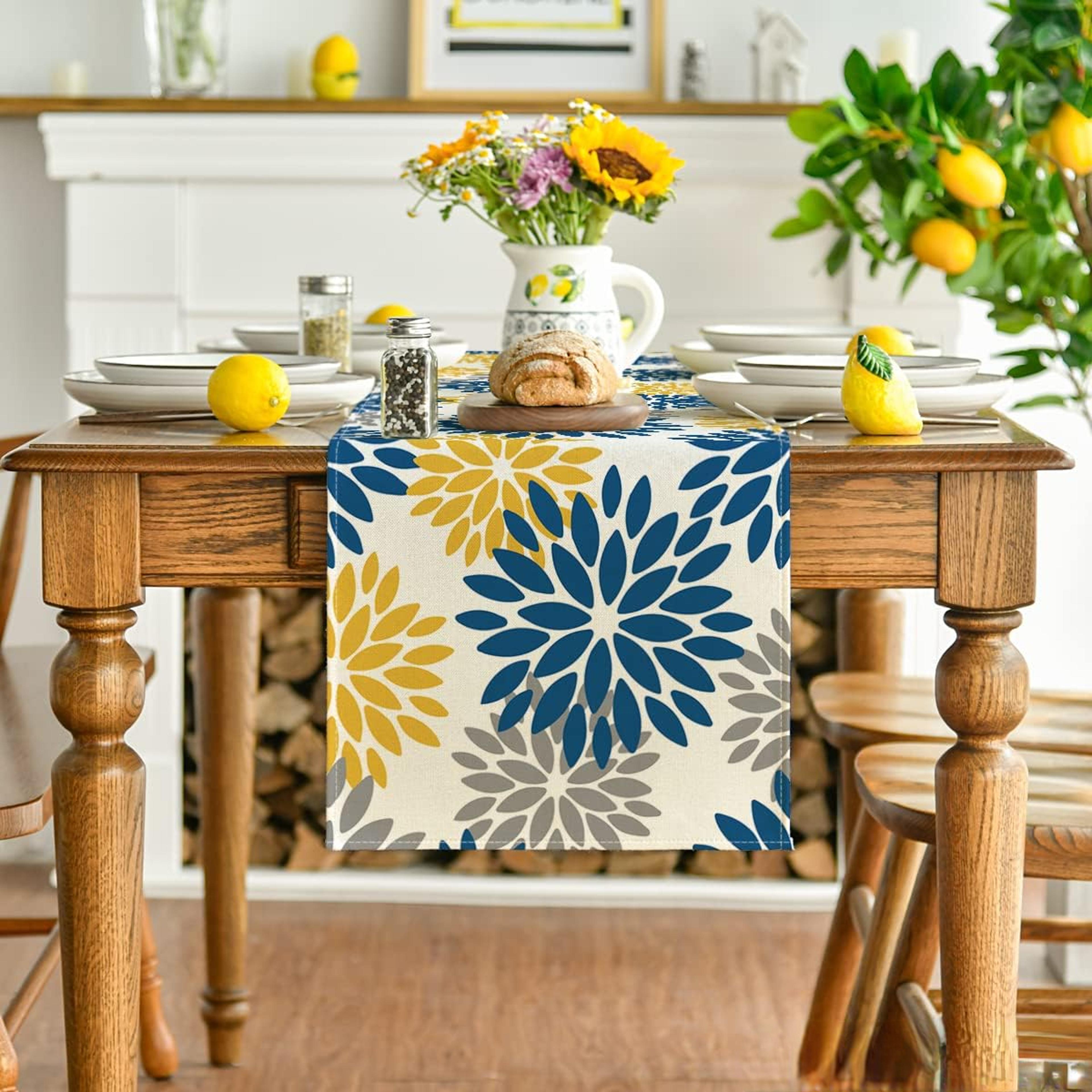 Blue Dahlia Elegant Linen Floral Table Runner Seasonal Dining  Wedding Decor 1