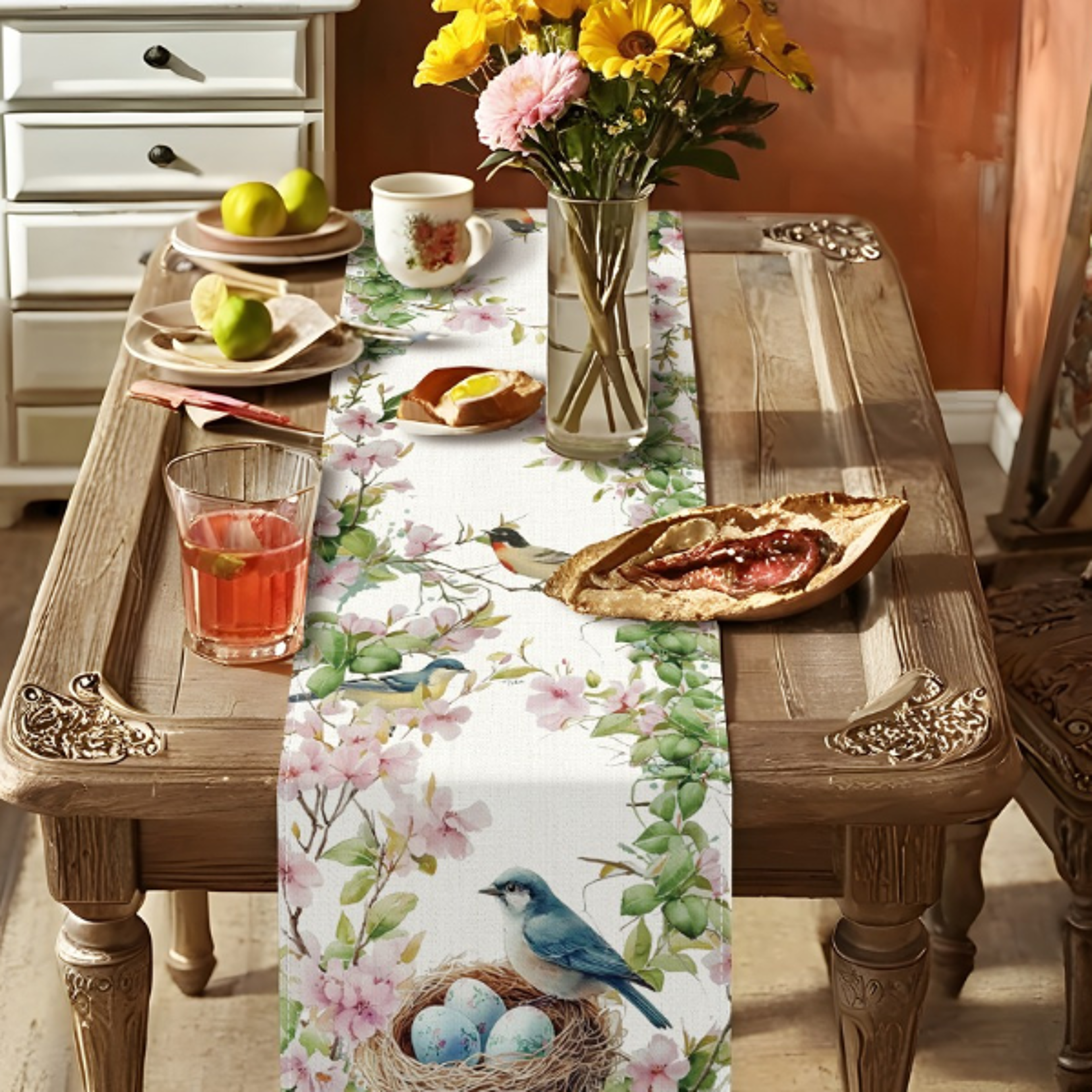 Spring Flowers Birds Peach Blossom Linen Table Runner Dresser Scarf Seasonal Kitchen Dining Table Ru
