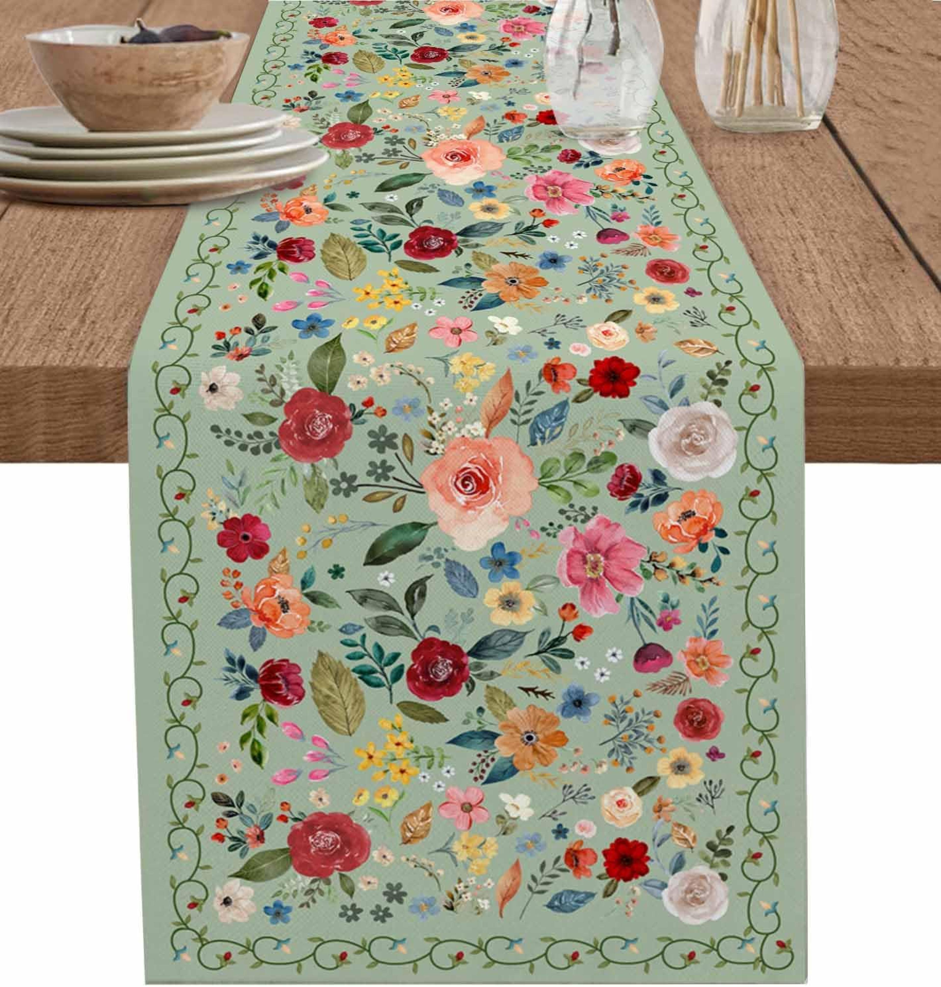 Spring Vintage Floral Green Linen Table Runner For Weddings  Home 0