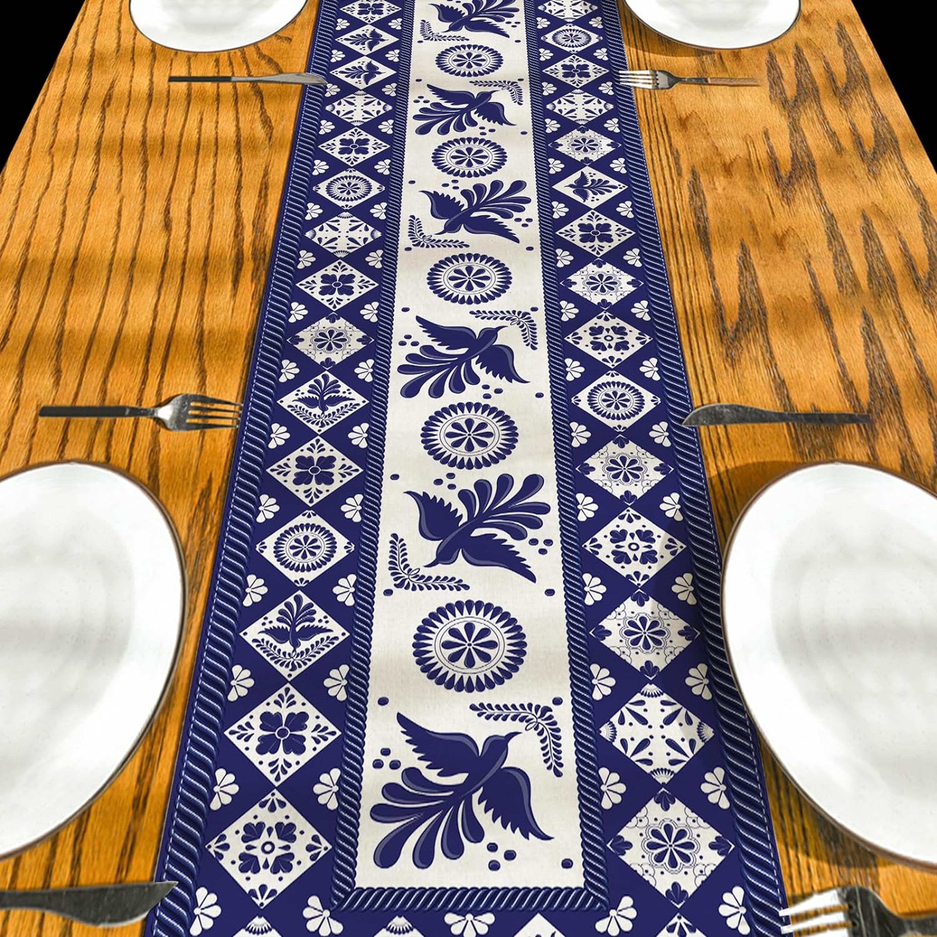 Talavera Floral Bird Linen Table Runner Mexican Fiesta Decor 2
